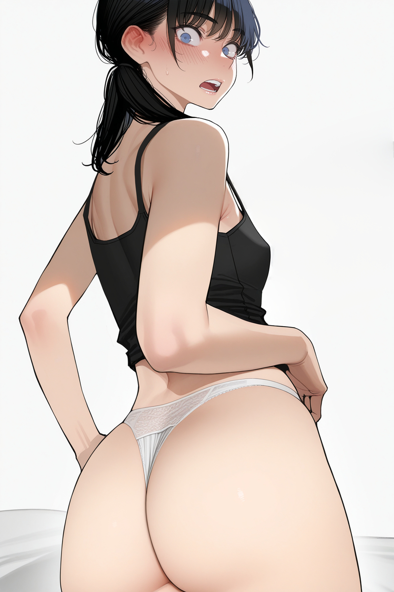 1girls, ai generated, ass, black hair, chainsaw man, female, female only, mitaka asa, panties, shirt and panties, solo, white panties, zloimakak