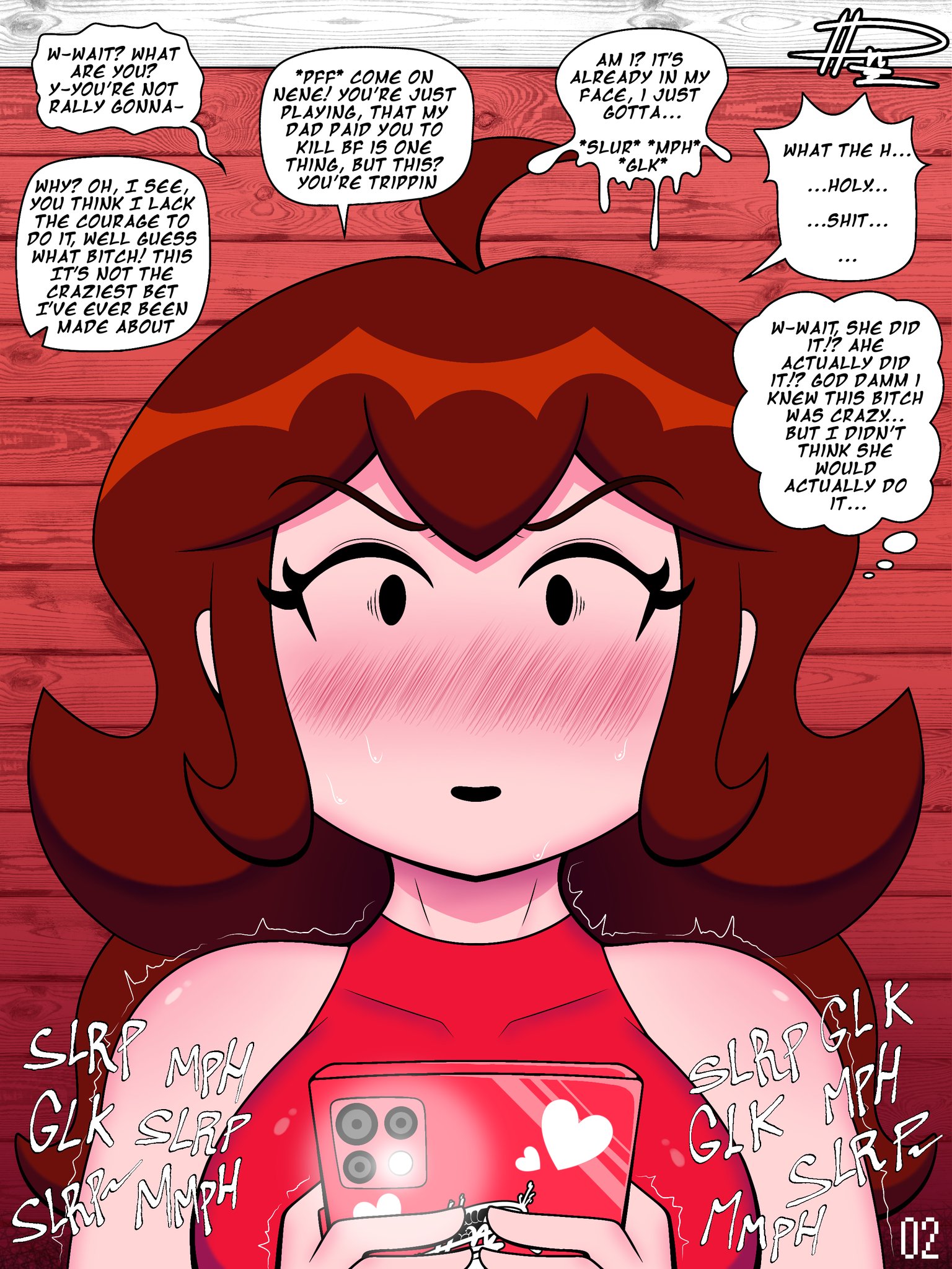 1girls, auburn hair, background sex, blowjob sounds, blush, comic, comic page, continuation, dn28 art, friday night funkin, girlfriend (friday night funkin), long hair, nene (newgrounds), phone, phone in hand, shocked, shocked expression, shocked eyes, sucking sound, sweatdrop, sweating