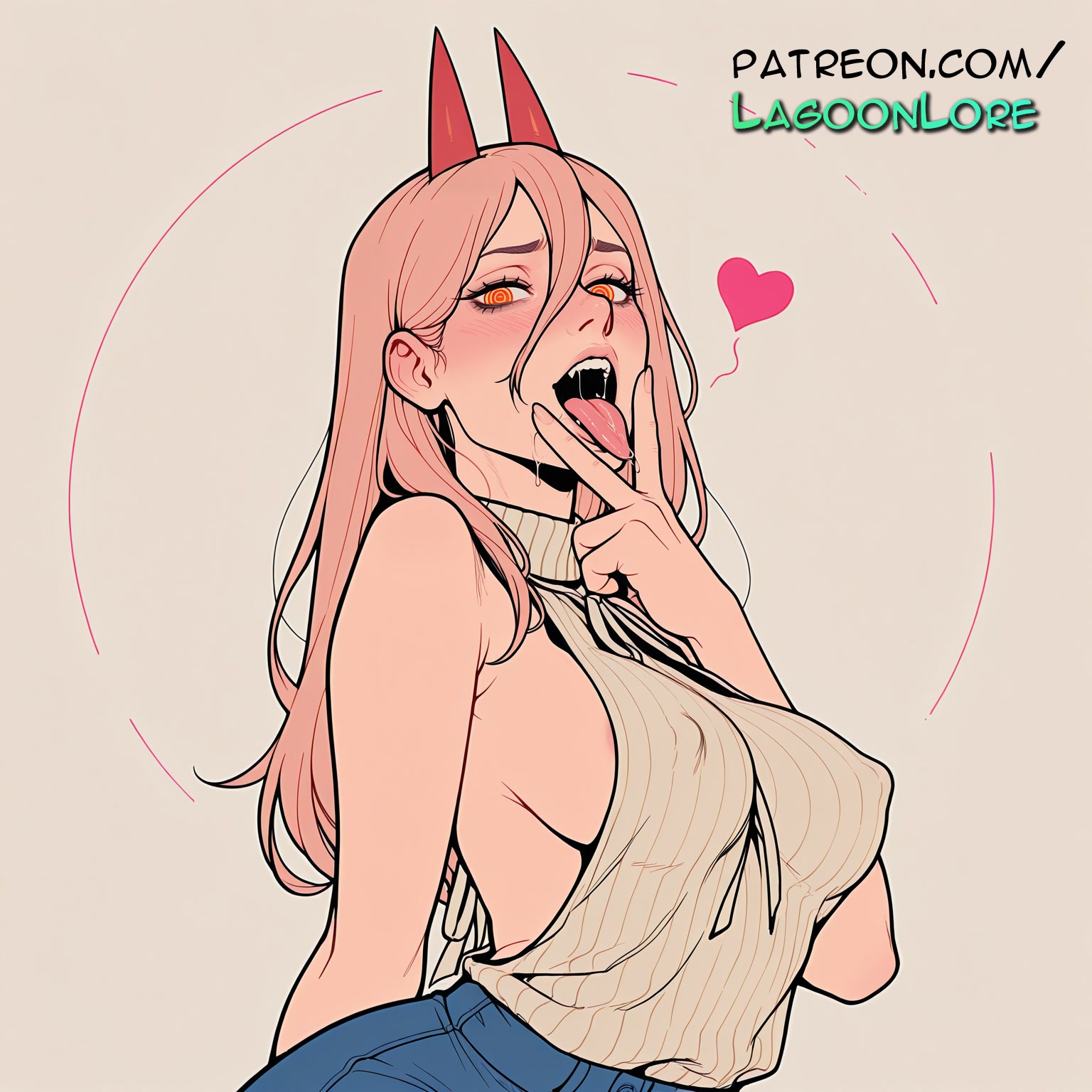 ai generated, artist name, blush, breasts, bust, chainsaw man, chest, covered nipples, demon girl, female, heart, hi res, highres, horns, lagoonlore, long hair, looking at viewer, meme attire, patreon, patreon username, power (chainsaw man), red horns, ribbed sweater, sideboob, solo, tongue, tongue out, watermark