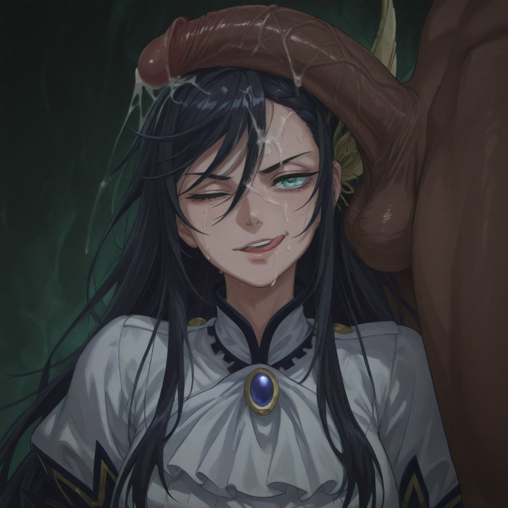 1boy, 1girls, ai generated, black hair, breasts, brunhilde (shuumatsu no valkyrie), cock worship, cum, cum on head, dark skin, dark-skinned male, female, green eyes, interracial, large penis, penis, penis on head, self upload, shuumatsu no valkyrie, tagme, tongue, valkyrie, wink