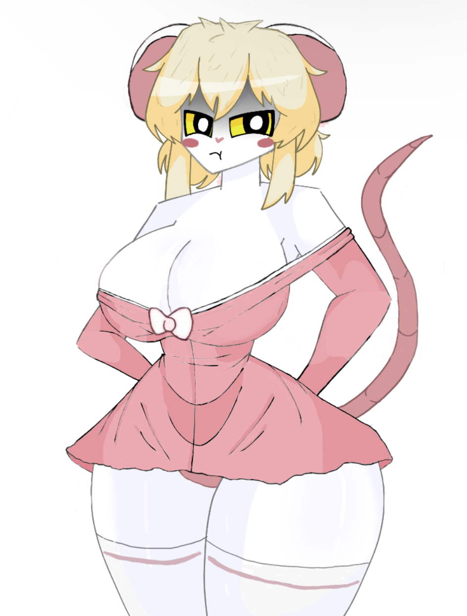 anthro, big breasts, black eyes, blonde hair, blush, blush stickers, bottomwear, bow ribbon, breasts, clothing, dress, female, footwear, fur, hair, hi res, huge breasts, kitty.zone, legwear, lorna (terrible mouse), mammal, mouse, murid, murine, pajamas, panties, pink bottomwear, pink clothing, pink dress, pink panties, pink skirt, pink underwear, rat, rodent, skirt, smile, socks, solo, source request, stockings, tail, terrible mouse, thick thighs, thigh highs, thigh socks, underwear, white body, white clothing, white footwear, white fur, white legwear, white socks, white stockings, white thigh highs, white thigh socks, wide hips, yellow eyes