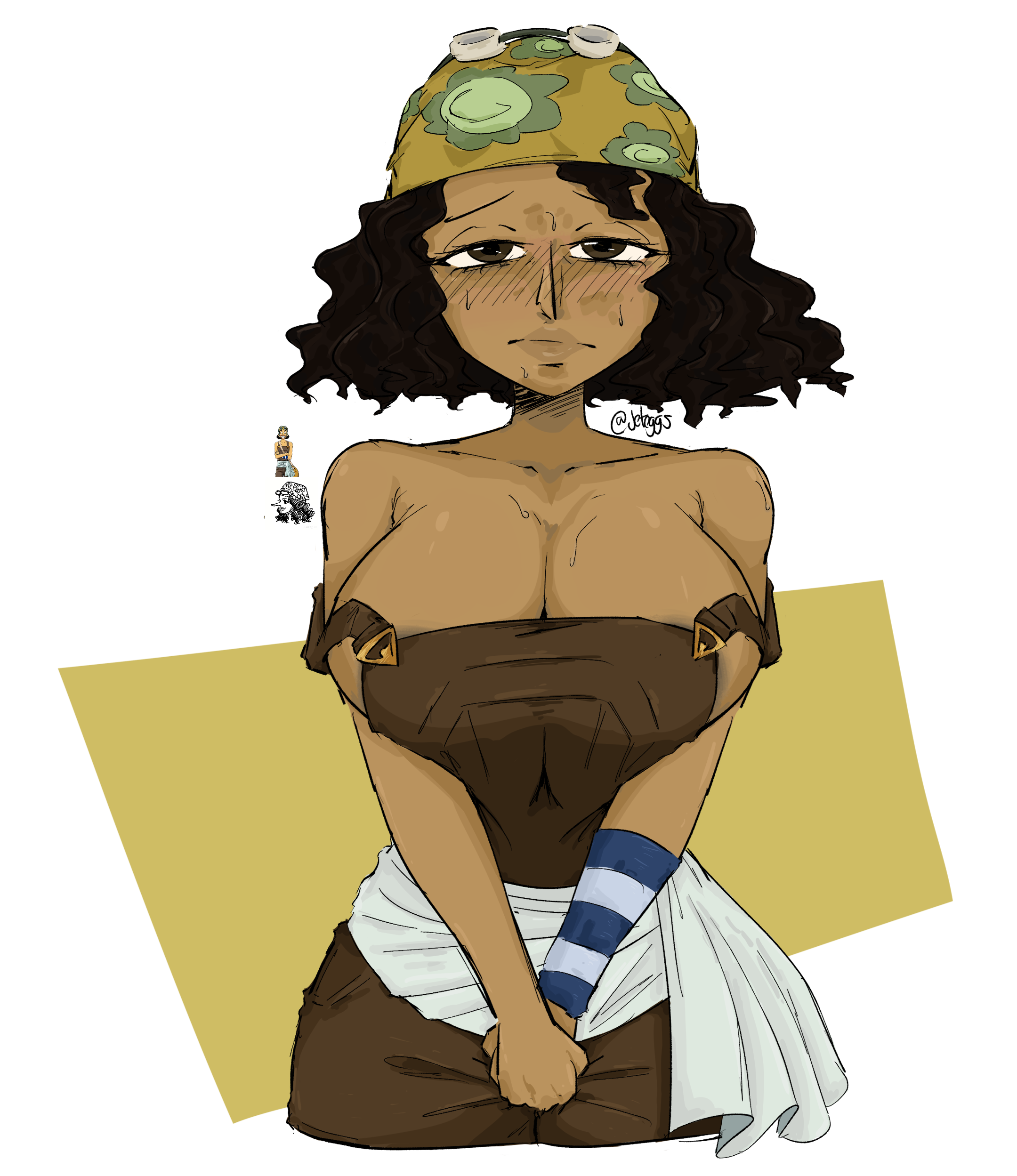1girls, 2020s, 2025, 2d, 2d (artwork), afro hair, areolae, armband, artist name, bandana, big breasts, blush, blushing, blushing at viewer, breasts, clothed, clothed female, clothes, clothing, color, dark skin, dark-skinned female, digital media (artwork), female, female only, fully clothed, fully clothed female, genderswap, genderswap (mtf), huge breasts, jeteggs, large breasts, naked overalls, one piece, overalls, reference image, resized, rule 63, sash, short hair, shounen jump, shy, solo, solo female, solo focus, standing, sweat, thick, thick lips, topless, twitter, twitter username, usopp, wavy hair, white background, white sash