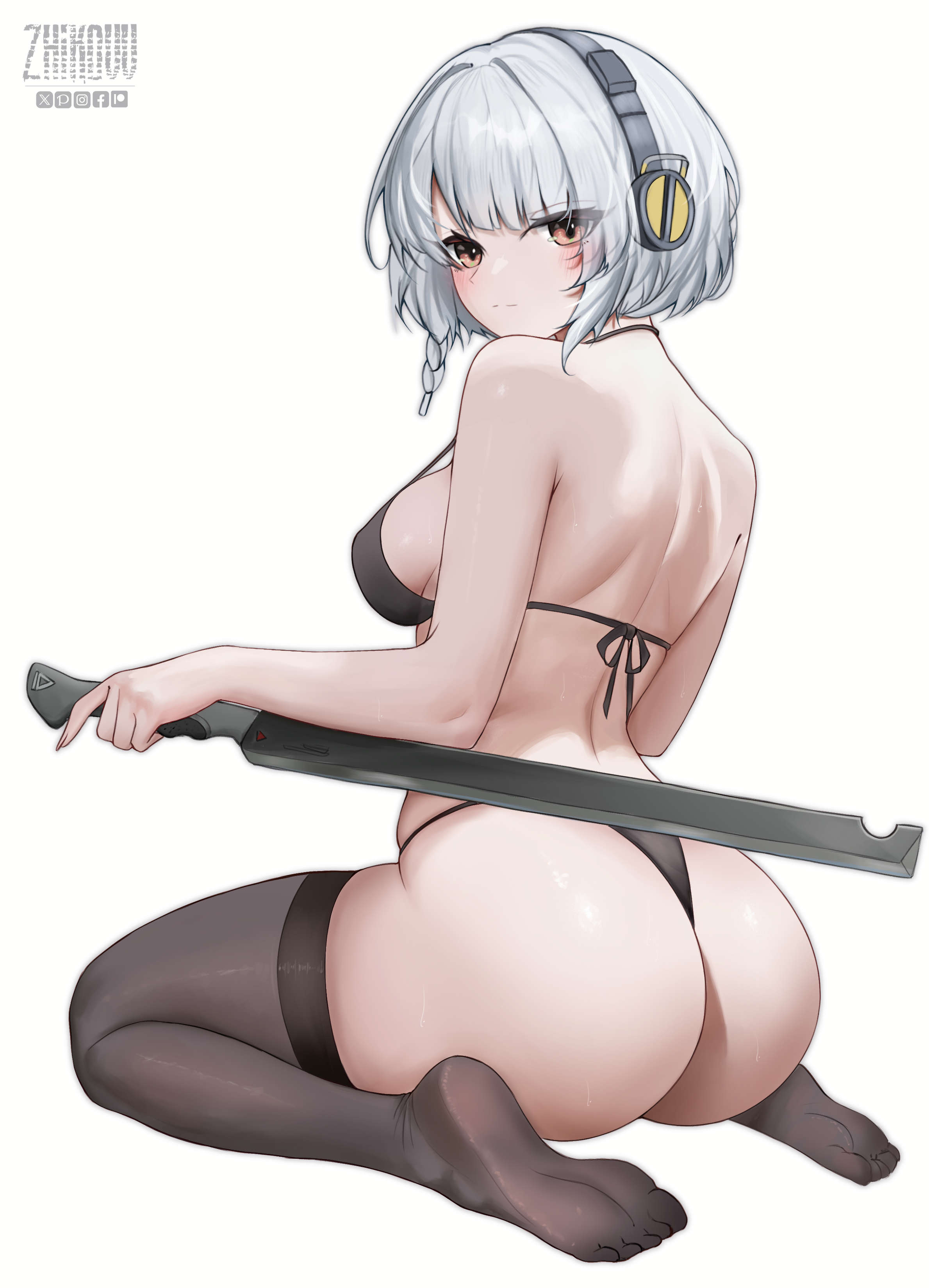 1girls, anby demara, ass, back, back view, black bra, black panties, black stockings, bra, breasts, color, colored, earphones, feet, female, female only, headphones, high res, high resolution, highres, holding object, holding sword, holding weapon, looking at viewer, looking back, looking back at viewer, orange eyes, panties, stockings, string bra, string panties, sword, toes, weapon, white hair, zenless zone zero, zhikovv