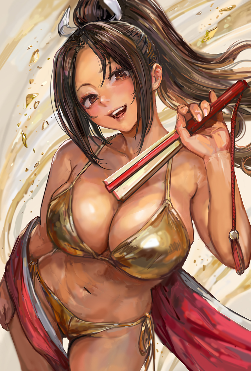 1girls, big breasts, bikini, breasts, brown eyes, brown hair, cute face, fan, fatal fury, female, female only, fully clothed, gold bikini, golden week, japanese, japanese clothes, king of fighters, light skin, light-skinned female, long hair, looking at viewer, mai shiranui, michemashu, red clothing, smile, smiling, snk, solo, solo female, thick thighs, thighs, tied hair, voluptuous, voluptuous female, wide hips