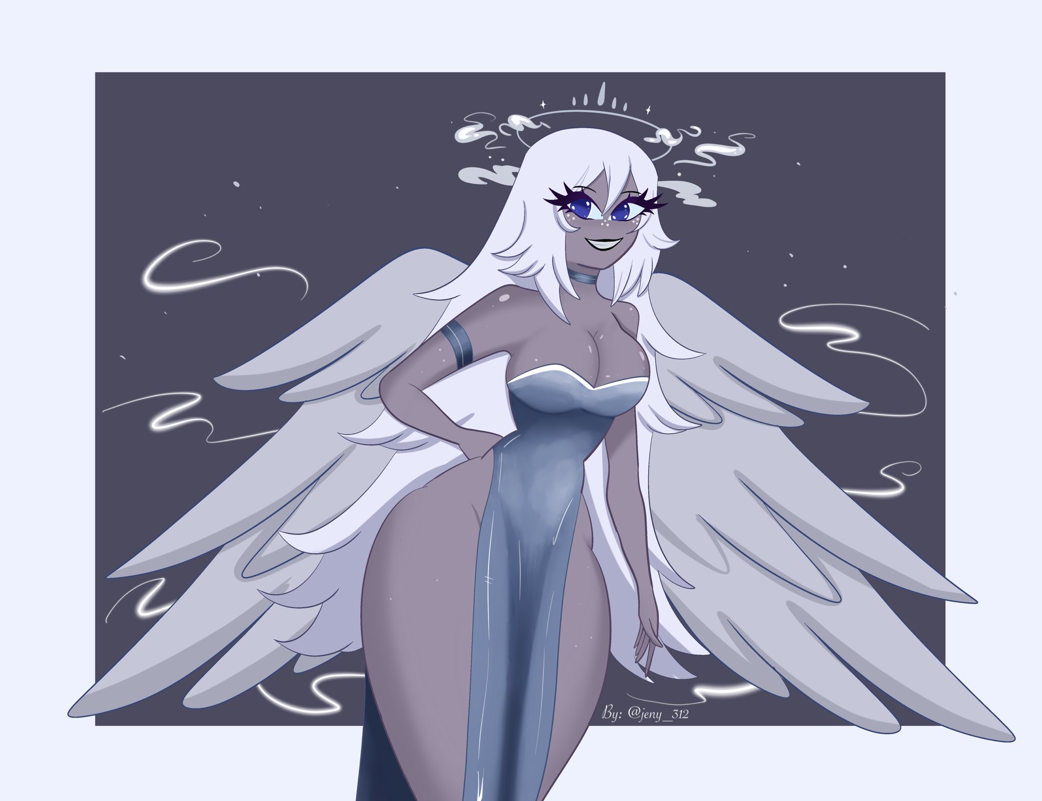 1girls, angel, angel girl, angel wings, bare hips, bare thighs, big breasts, blue eyes, breasts, cleavage, curvy, dress, emily (hazbin hotel), female, grin, hazbin hotel, highleg, huge breasts, jeny 312, long hair, looking at viewer, smile, thick thighs, wide hips, wings
