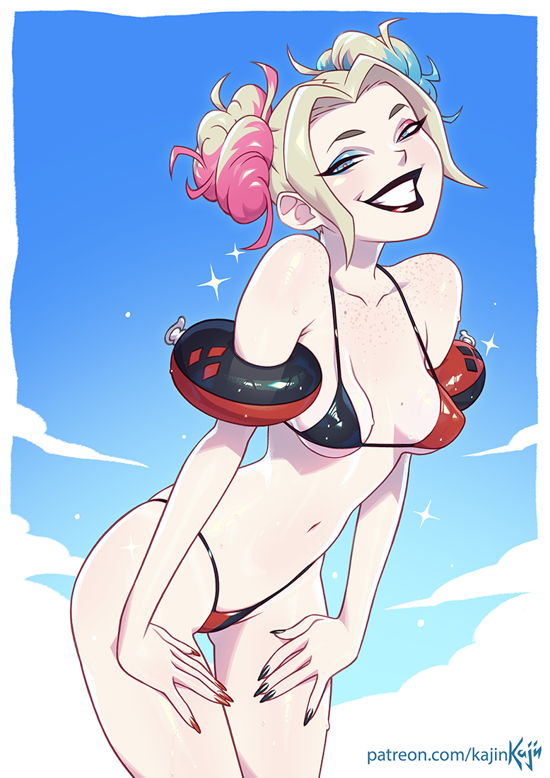 2025 batman_(series) beach_toy black_and_red_bra black_and_red_panties black_bikini black_lipstick blonde_female blonde_girl blonde_hair_female blushing_at_viewer dc_comics deviantart embarrassed_female harley_quinn kajinman looking_at_viewer meta patreon red_bikini shy shy_smile sky_background smile_at_viewer smiling_at_viewer