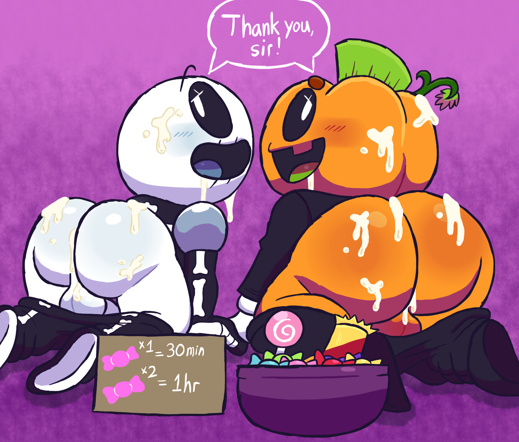 after sex, artist request, ass, ass grab, ass to viewer, balls, clothed, costume, cum, cum on ass, cum on body, gay, male, pants down, pump (srpelo), skid (srpelo), spooky month, text, yaoi
