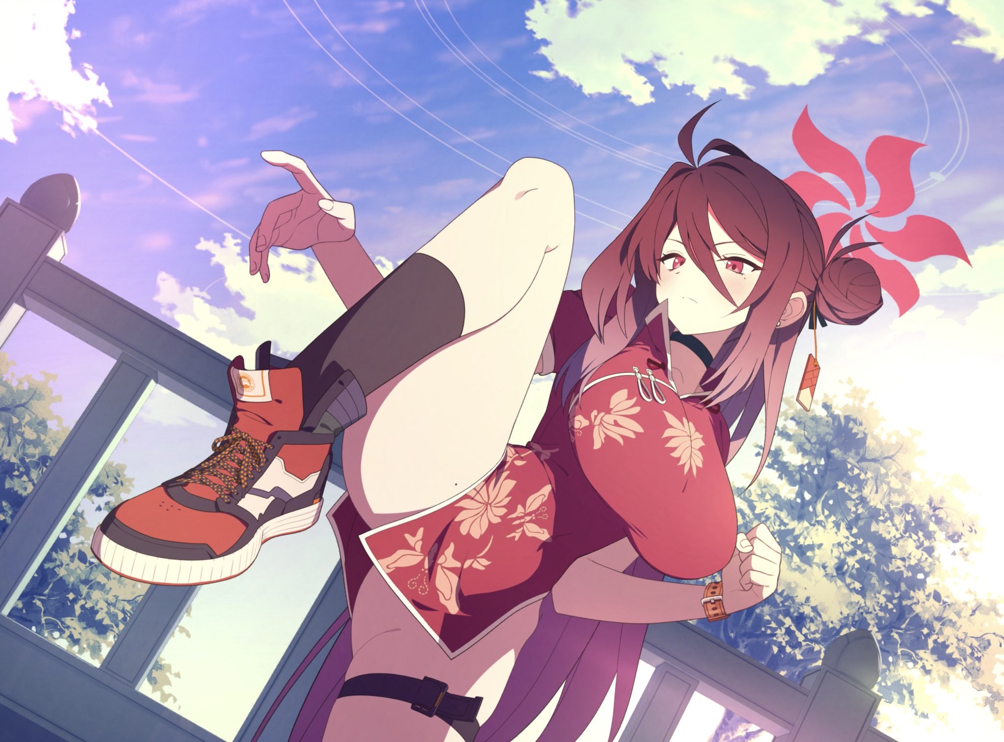 anime, anime girl, anime style, animestyle, big breasts, black necklace, black socks, blue archive, breasts, china dress, chinadress, chinese, chinese clothes, chinese dress, chinese female, female, female focus, female only, hip bones, jimoori, jordan (brand), kick, kicking, necklace, no panties, pose, posing, posing for the viewer, ready to fight, red hair, red shoes, reijo (blue archive), shoes, short hair, socks, standing, thick legs, thick thighs, thigh highs, thighhighs, thighs, tied hair, tied thighs, tied up, tiny waist, waist, watch