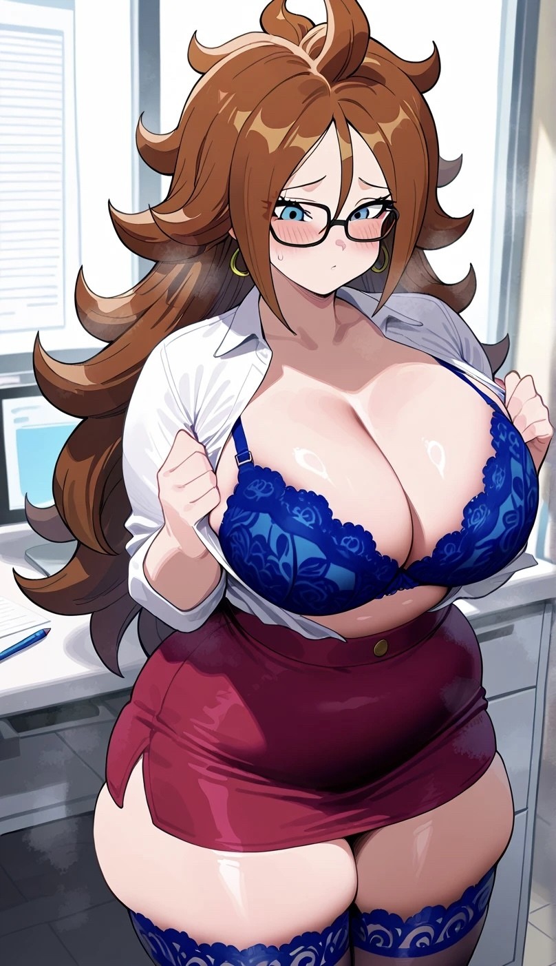 1girls, ai assisted, ai generated, android 21, astrawaifu, big breasts, blue eyes, breasts, brown hair, chubby, chubby female, curvy, curvy female, curvy figure, dragon ball, female, glasses, large breasts, mature female, office lady, presenting, stockings, thick, thick thighs, thighhighs