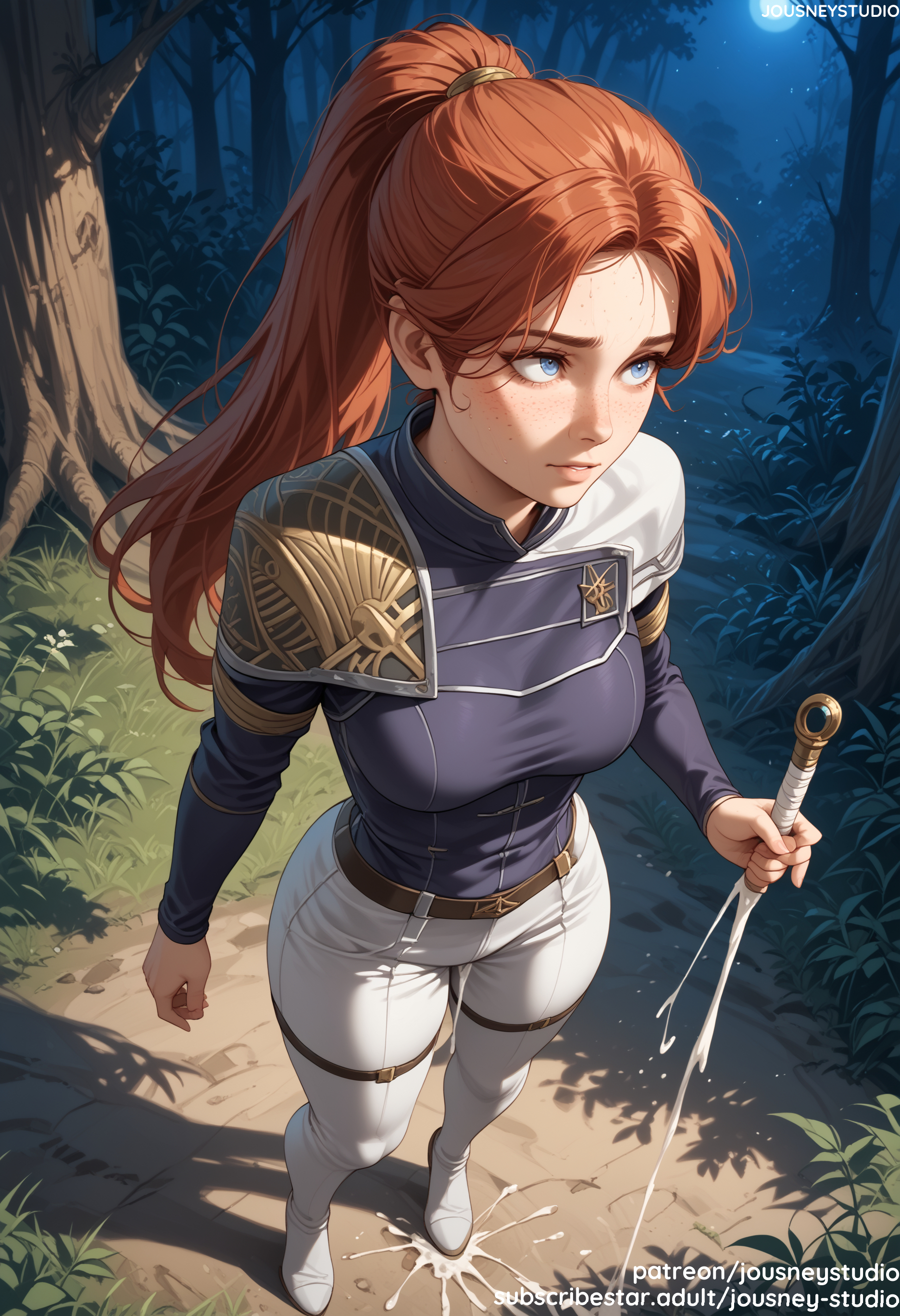 ai generated, bangs, belt, blue eyes, blush, boots, breasts, brown hair, clair obscur: expedition 33, clothing, cum, day, female, footwear, forehead, forest, freckles, grass, holding, holding object, holding sword, holding weapon, jousneystudio, large breasts, lips, long hair, long sleeves, looking to the side, maelle (clair obscur: expedition 33), medium breasts, moon, nature, night, outdoors, pants, parted bangs, ponytail, rapier, red hair, shirt, sky, solo, standing, sweat, sword, tree, weapon, white footwear, white pants