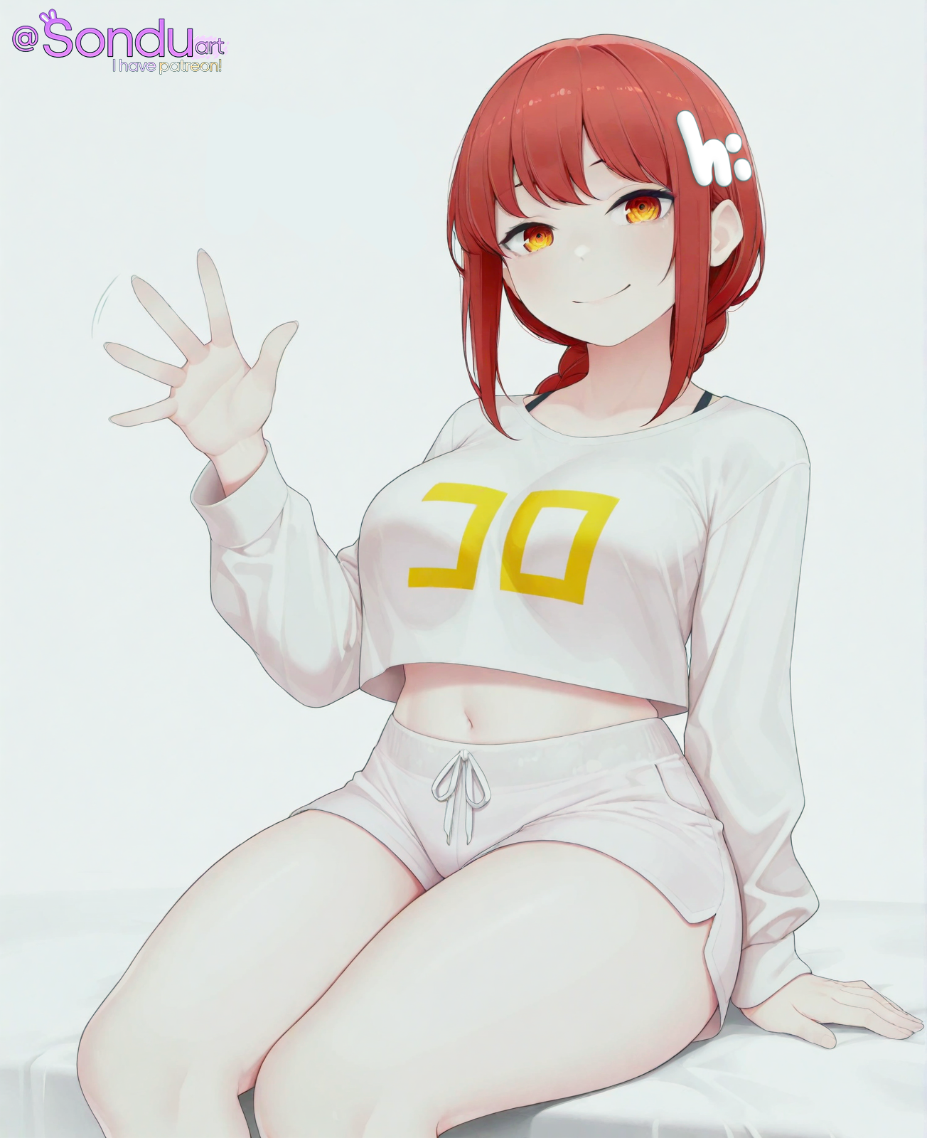 ai generated, alternate costume, arm support, artist name, bangs, bra, bra strap, braid, braided ponytail, breasts, chainsaw man, closed mouth, clothes writing, collarbone, crop top, crop top overhang, dolphin shorts, female, hair ornament, hand up, large breasts, long hair, long sleeves, looking at viewer, makima (chainsaw man), medium breasts, midriff, navel, on bed, orange eyes, red hair, ringed eyes, shirt, short shorts, shorts, sidelocks, simple background, sitting, smile, solo, sondu, stomach, thighs, waving, white background, white shirt, white shorts, yellow eyes