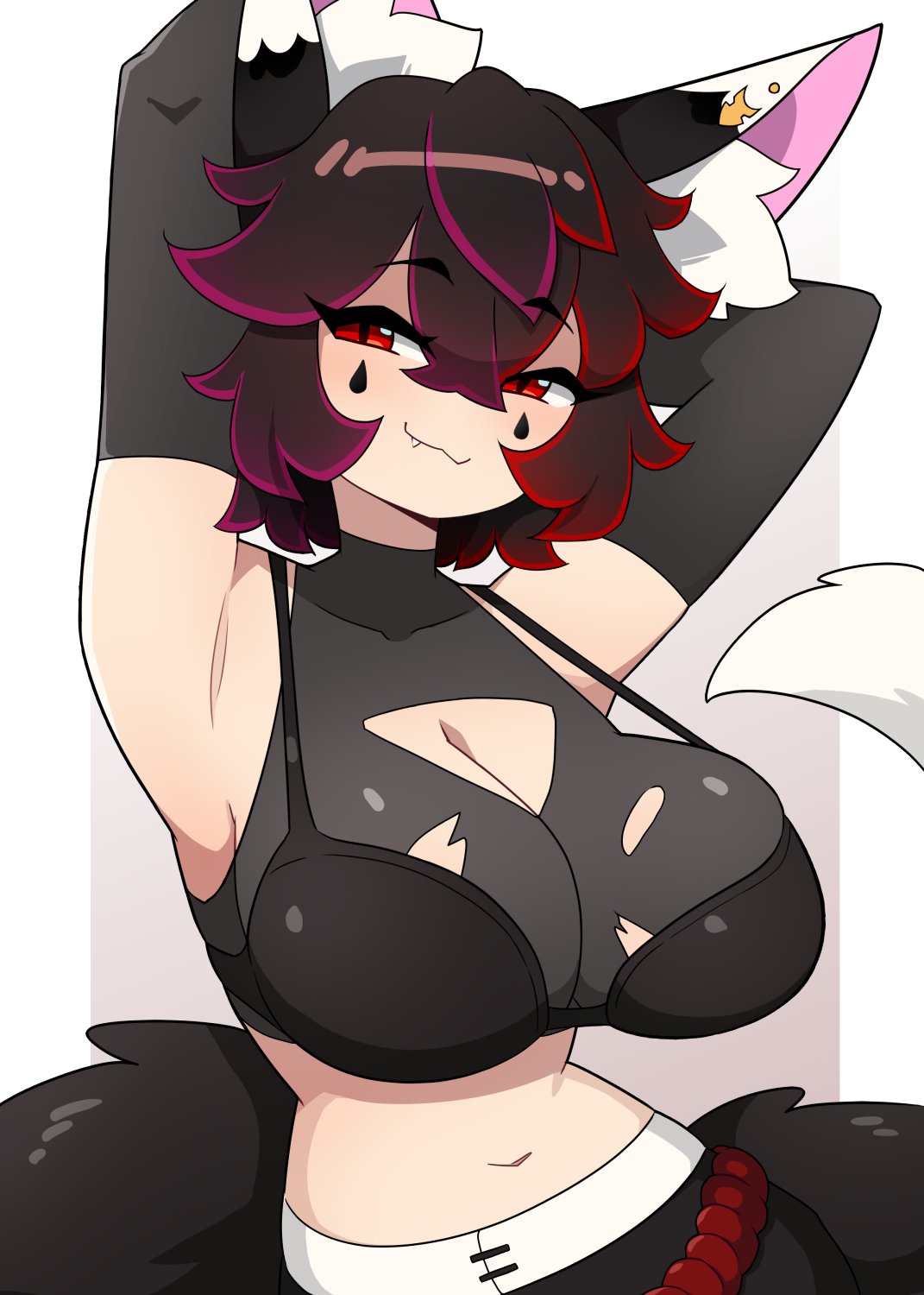 1girls, arms behind head, big breasts, black hair, breasts, commission, ear tuft, fangs, female, female only, fox ears, fox girl, hi res, j5daigada, looking at viewer, narrowed eyes, purple highlights, red eyes, red highlights, slit pupils, smiling, smiling at viewer, smug, smug smile, solo, tail