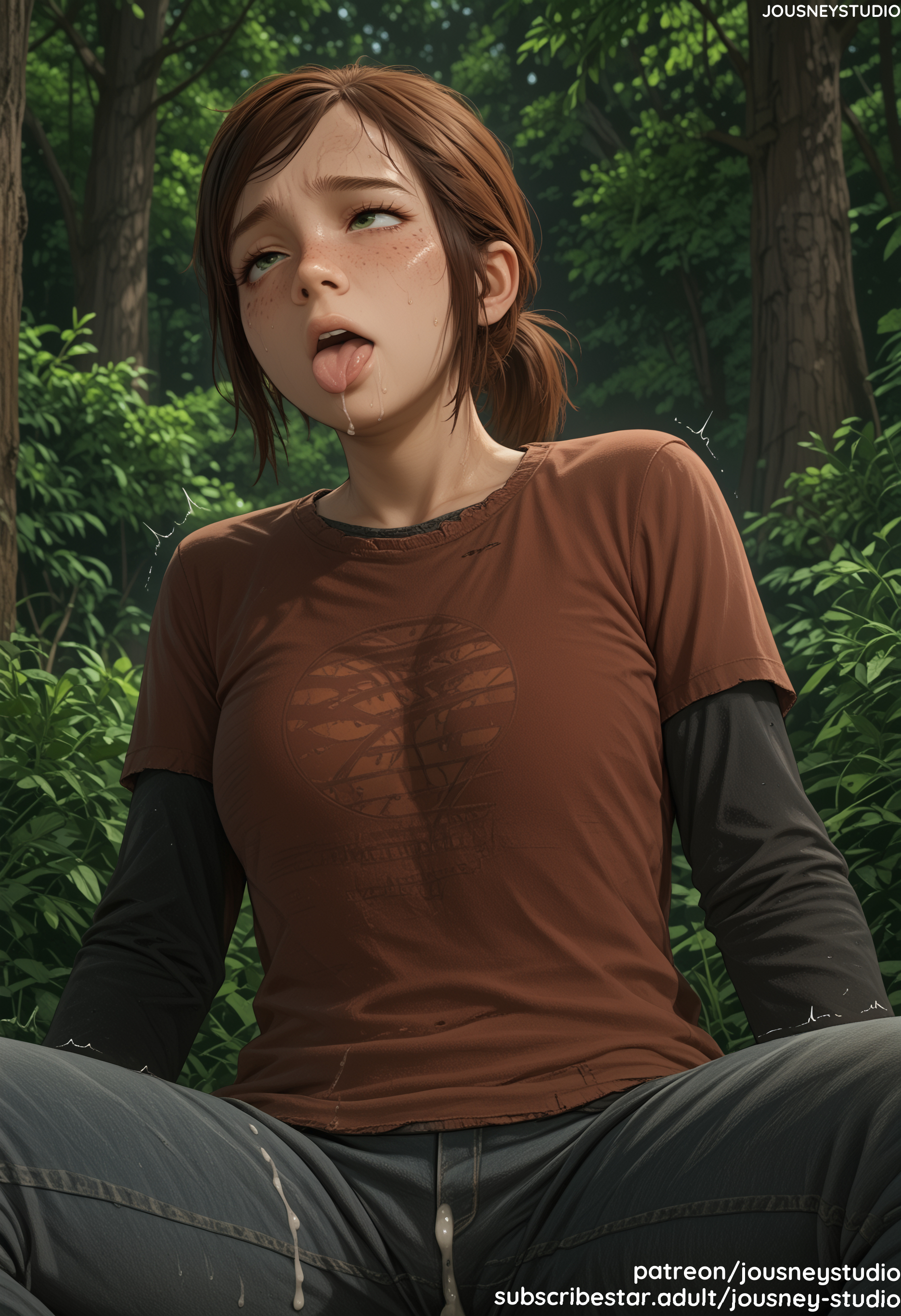 1girls, 2d, after fellatio, ahe gao, ahegao, ahegao face, ai generated, bangs, big breasts, blush, breasts, brown hair, clothed, clothing, cum, cum on clothes, curvaceous, curvy, curvy figure, day, denim, ellie (the last of us), ellie williams, english text, female, forest, freckles, fully clothed, grass, green eyes, jeans, jousneystudio, large breasts, lips, long sleeves, low ponytail, male, medium breasts, nature, naughty dog, open mouth, original, outdoors, pants, plant, ponytail, red shirt, rolling eyes, saliva, saliva trail, semen, shirt, short ponytail, short sleeves, sitting, solo, spread legs, sweat, t-shirt, teeth, the last of us, the last of us 2, thick thighs, thighs, tongue, tongue out, torn clothes, tree, trembling