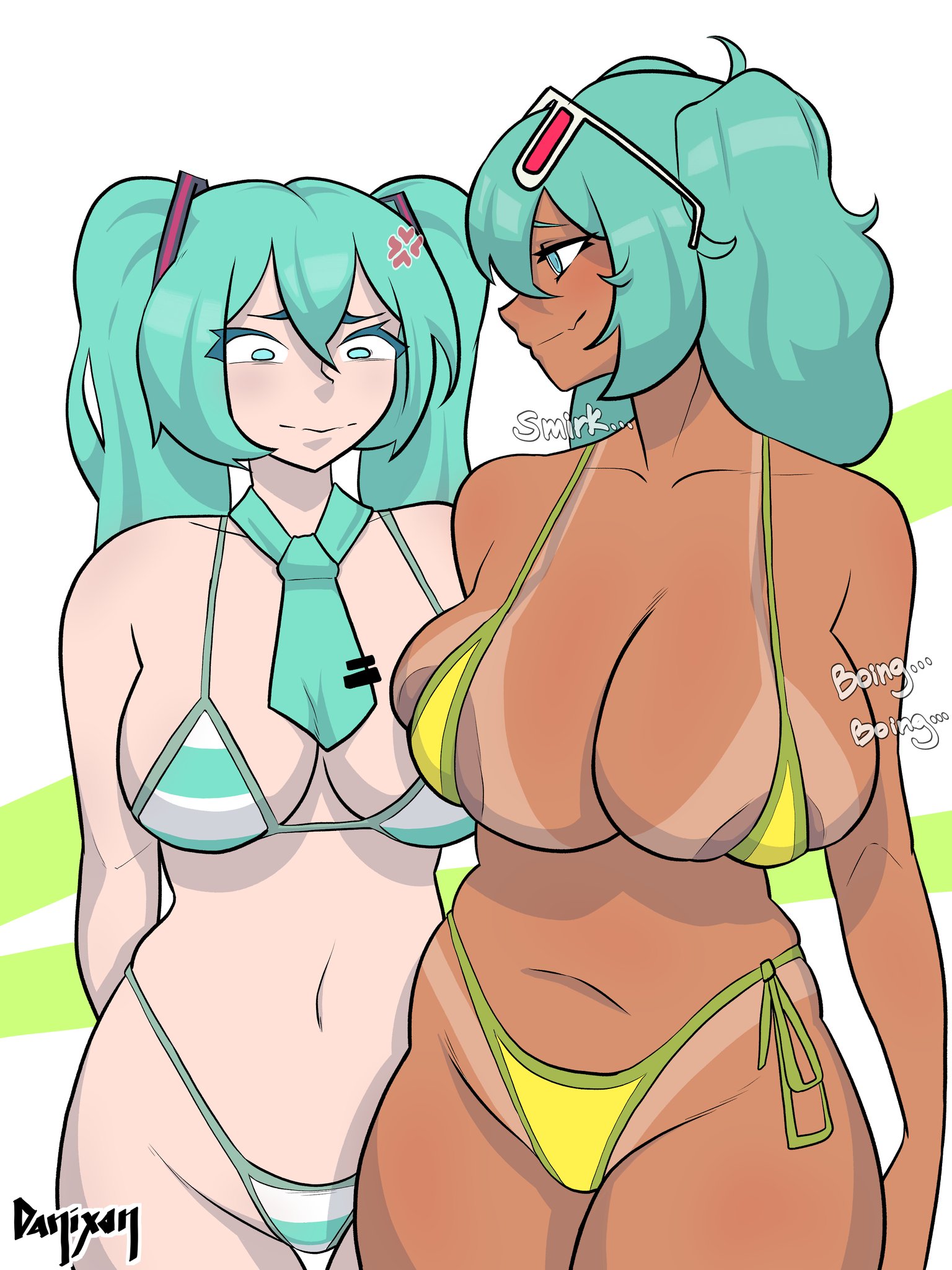 2girls, alternate breast size, anger vein, aqua eyes, aqua hair, areola slip, areolae, artist name, big breasts, bikini, bikini tan, boing, brazilian miku, breast envy, breast size difference, breasts, cleavage, comparing, danixon, dark skin, english text, female, hatsune miku, huge breasts, jealous, large breasts, light skin, light-skinned female, long hair, micro bikini, mother daughter boob envy (meme), multiple females, multiple girls, navel, necktie, side-tie bikini bottom, smile, smirk, striped, striped bikini, swimsuit, tan, tan-skinned female, tanline, tanlines, teal hair, text, turquoise hair, twintails, vocaloid, yellow bikini