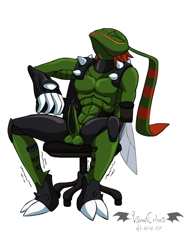 alpha_channel antennae anthro armor arthropod balls blush chair claws closed_eyes clothing digimon erection gauntlets gloves green_skin hair humanoid insect_wings insects male_only muscular penis red_hair shaking simple_background sitting spikes spread_legs spreading stingmon sweat vibrantechoes wings