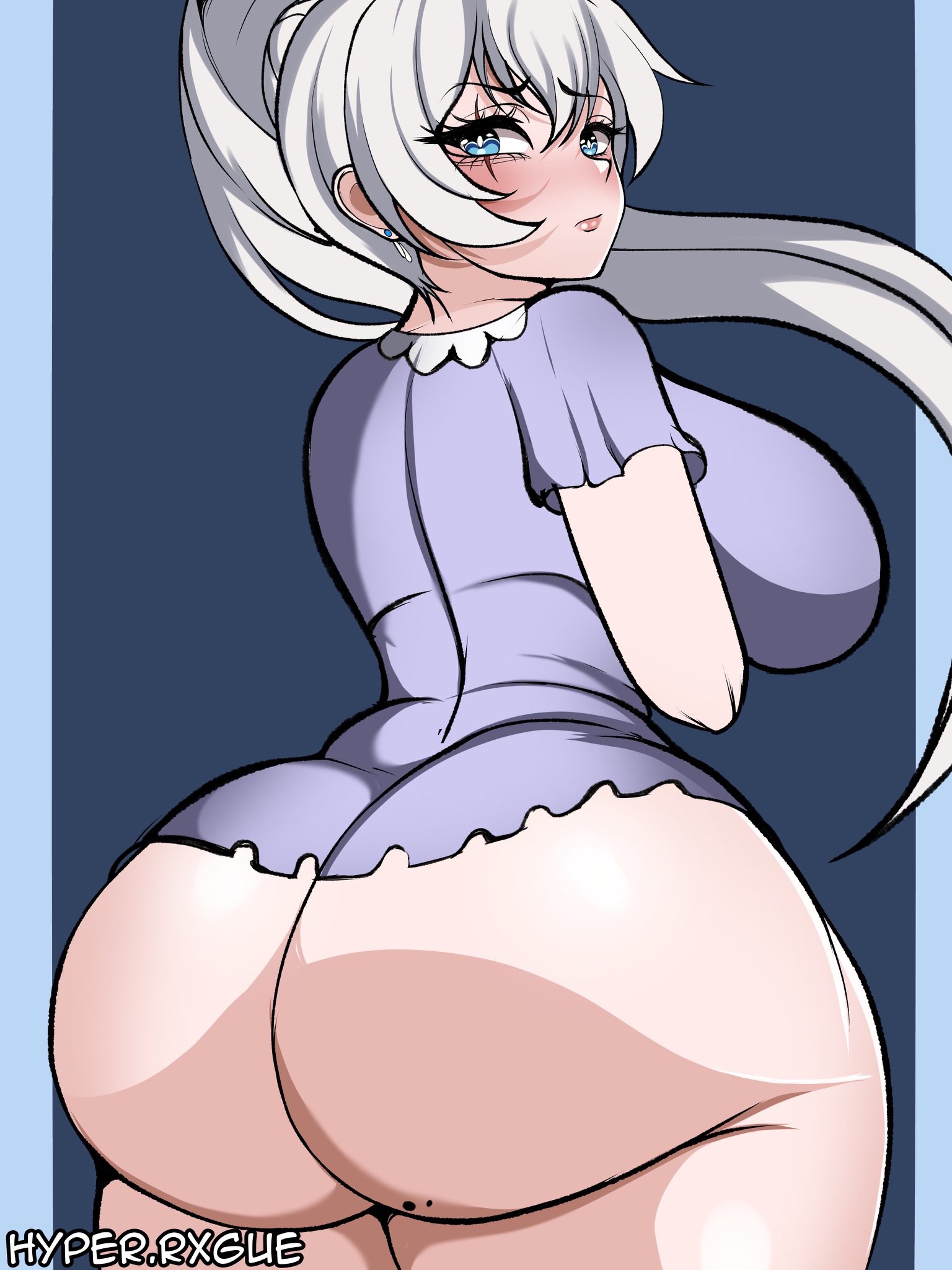 1girls, ass, ass focus, big ass, big breasts, blue eyes, bottom heavy, bottomless, breasts, bubble ass, bubble butt, clothing, fat ass, female, female only, gluteal fold, huge ass, hyperrxgue, large ass, light skin, light-skinned female, looking at viewer, looking back, nightgown, no panties, rwby, solo, thick ass, thick thighs, thunder thighs, weiss schnee, white hair, wide hips