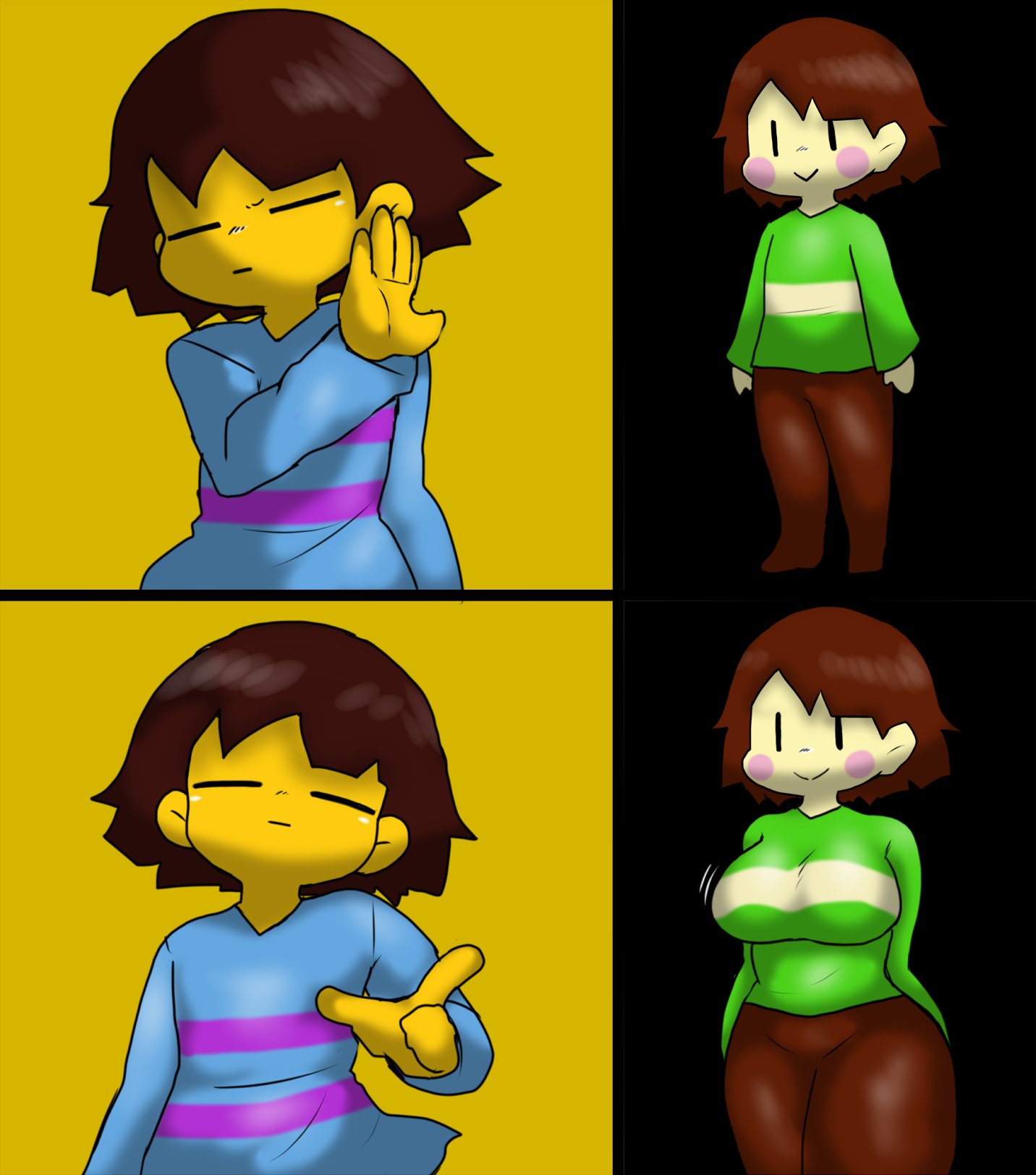 ambiguous_gender big_breasts big_thighs brown_hair brown_hair_female brown_hair_male chara drake_meme enigi09 female female_chara frisk meme pale-skinned_female pale_skin rosy_cheeks striped_clothing tagme undertale yellow_skin yellow_skinned_male