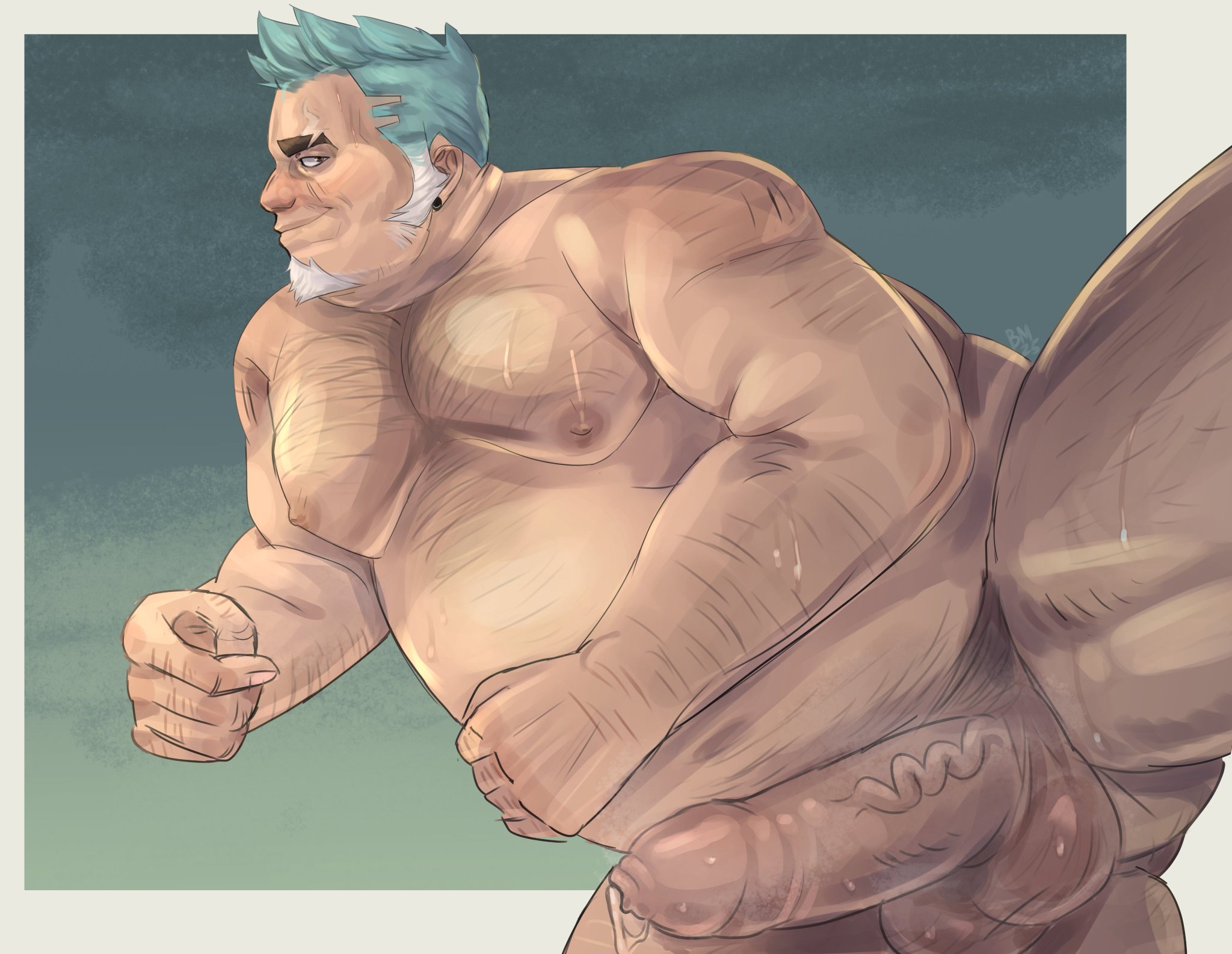 1boy, 2d, 2d (artwork), areolae, artist name, balls, big balls, big belly, big penis, biggiemaws, body hair, butt from the front, chubby, chubby male, ear rings, earrings, eyebrow slit, facial hair, fat, fat male, foreskin, fortnite, fortnite: battle royale, goatee, hairy arms, hairy belly, hairy chest, hairy legs, leaking, leaking precum, lifting leg, looking at viewer, male, male only, mutton chops, nipples, penis, penis vein, piercings, presenting, presenting penis, side eye, side profile, side view, smile, smiling at viewer, solo, solo focus, solo male, sweat, sweating, sweaty, sweaty arms, sweaty balls, sweaty belly, sweaty body, sweaty face, sweaty legs, sweaty penis, teal hair, thick, thick boy, thick legs, thick thighs, uncircumcised, uncut, vik vyce, watermark