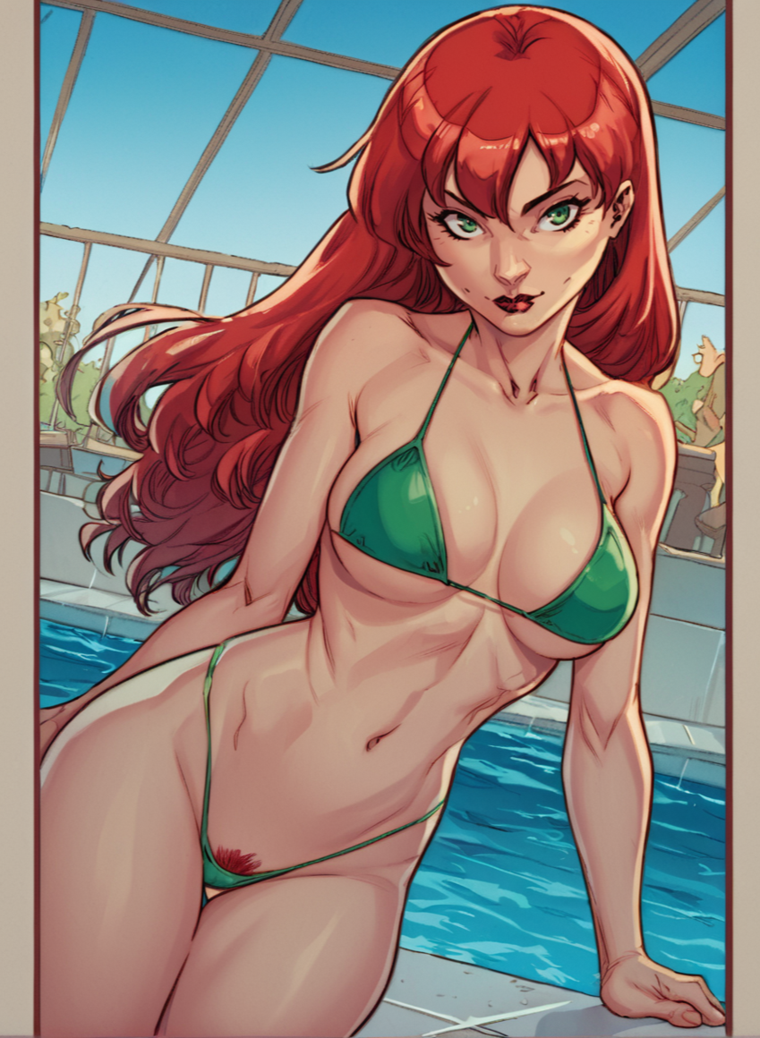 1girls ai_generated big_breasts bikini breasts camera_pov cleavage comic female fit fit_female getting_out_of_pool green_bikini green_eyes lipstick long_hair looking_at_viewer marvel marvel_comics mary_jane_watson pool pov red_hair solo spider-man spider-man_(series) themerchant69