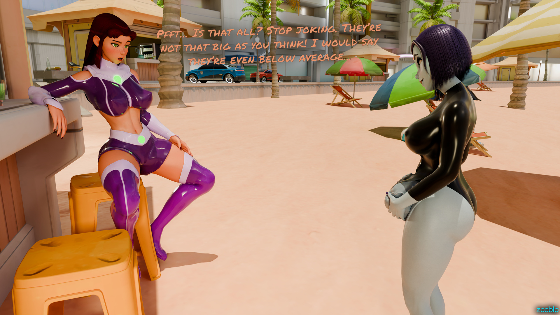 3d, balls, balls expansion, balls growth, balls growth (enlargement), beach, blender, breasts, futa only, futanari, genital expansion, genital growth, genital growth (enlargement), gigantic balls, gigantic penis, gigantic testicles, grey skin, horsecock, huge balls, huge penis, huge testicles, intersex, large breasts, long hair, multiple futa, multiple penises, oversized balls, penis, penis growth, purple eyes, purple hair, raven (dc), red hair, short hair, starfire, teen titans, testicles, text, thighhighs, tight clothing, veiny balls, veiny penis, veiny testicles, zccblp