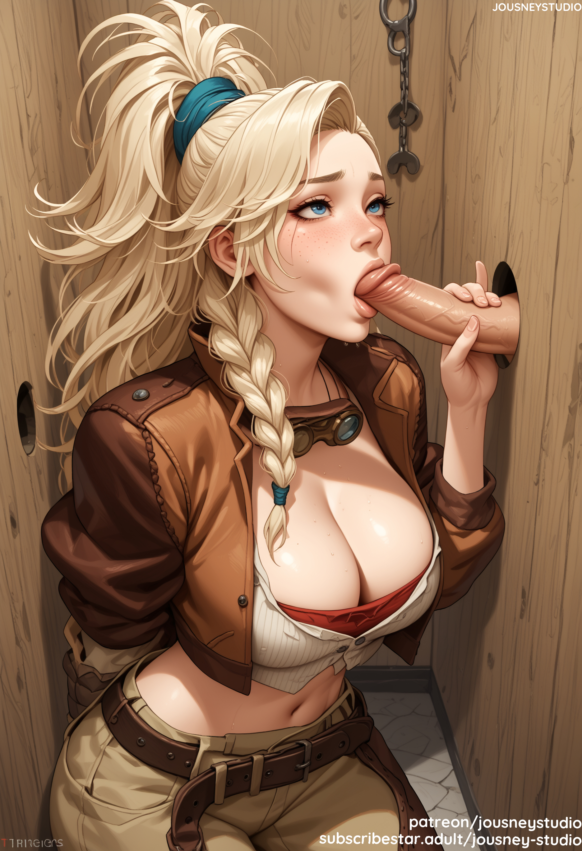 1boy, ai generated, arm behind back, arms behind back, balls, bangs, belt, blonde hair, blue eyes, blush, braid, breasts, brown jacket, chains, cleavage, clothing, crop top, cropped jacket, erection, fellatio, female, freckles, gemma (monster hunter wilds), goggles, goggles around neck, high ponytail, indoors, jacket, jewelry, jousneystudio, large breasts, lips, long hair, looking up, male, midriff, monster hunter, monster hunter wilds, navel, open clothes, open jacket, oral, pants, penis, ponytail, shirt, side braid, solo focus, straight, sweat, testicles, veins, veiny penis, white shirt