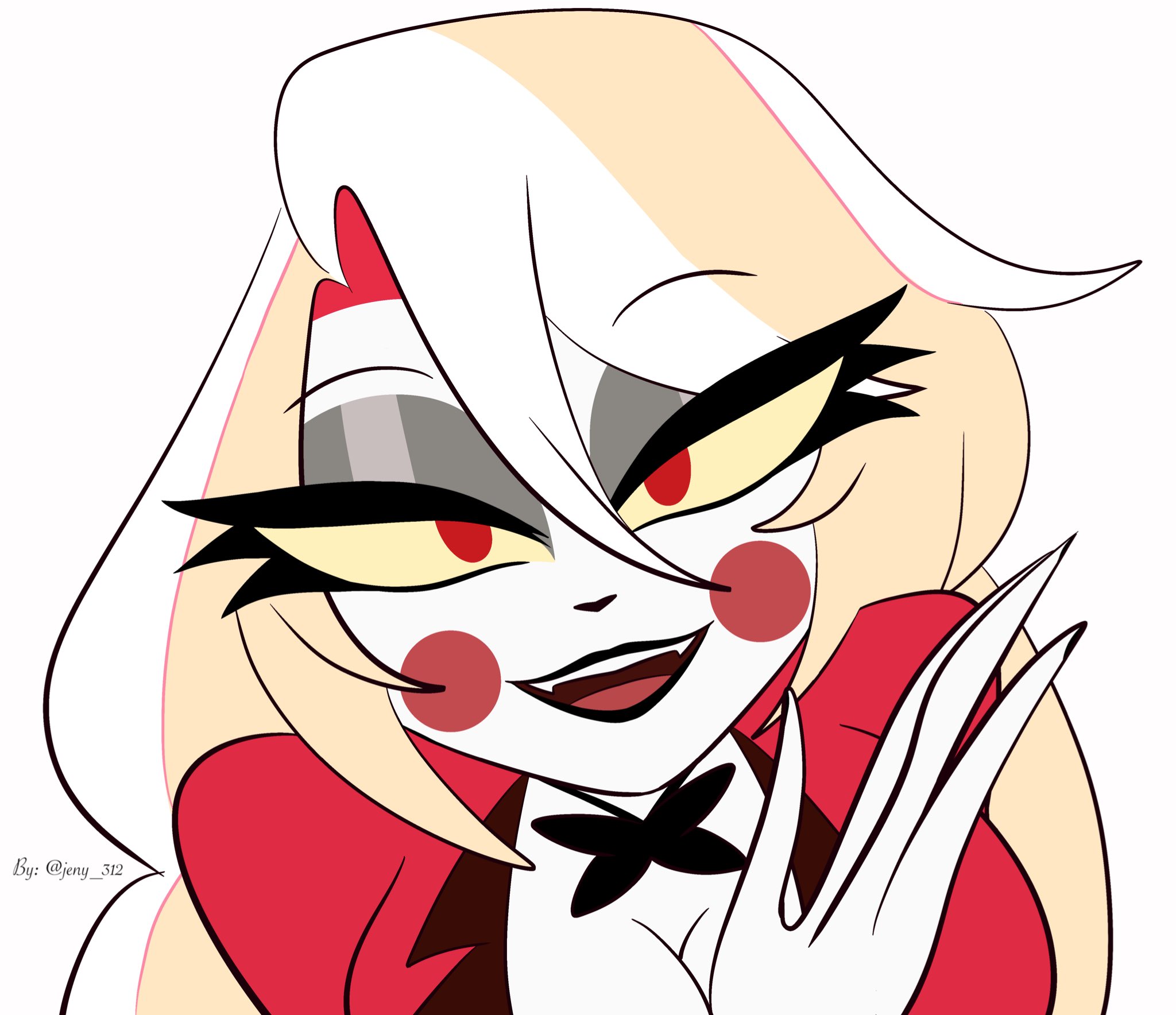 1girls, beautiful, bedroom eyes, big breasts, blonde hair, blush stickers, breasts, charlie morningstar (hazbin hotel), cleavage, demon, demon girl, eyelashes, female, grey eyeshadow, hazbin hotel, jeny 312, long hair, looking at viewer, mommy, princess, red eyes, red pupils, red suit, screencap redraw, seductive, seductive eyes, seductive look, seductive smile, smile, smiling at viewer, white skin, yellow eyes, yellow sclera