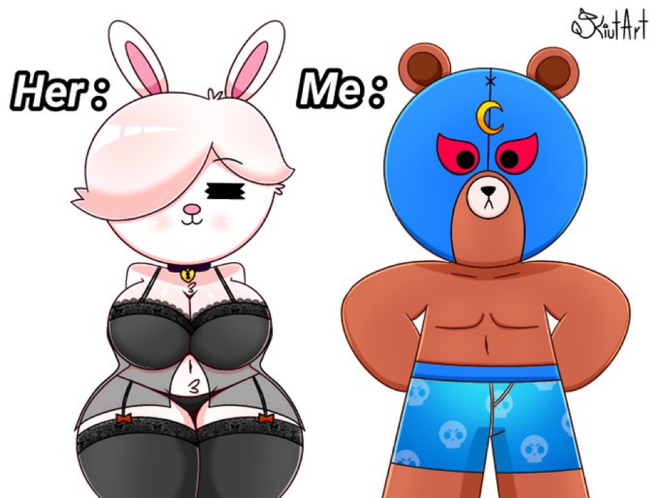 before sex, big breasts, bra, brawl stars, breasts, colette (brawl stars), cony (line), el primo (brawl stars), female, kiut arts, line (app), line friends, mask, panties, thick thighs, underwear
