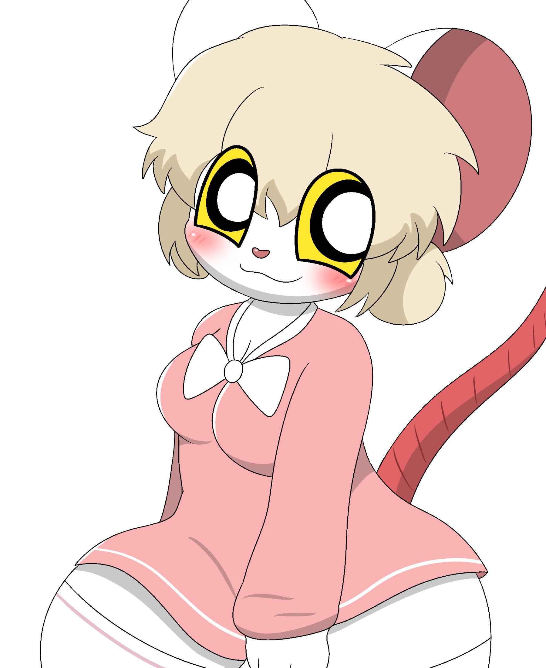 anthro, applebloom love, black eyes, blonde hair, blush, bottomwear, bow ribbon, breasts, clothing, dress, female, footwear, fur, furry, hair, legwear, lorna (terrible mouse), mammal, mouse, murid, murine, pajamas, pink bottomwear, pink clothing, pink dress, pink skirt, rat, rodent, skirt, smile, socks, solo, stockings, tail, terrible mouse, thigh highs, thigh socks, white body, white clothing, white footwear, white fur, white legwear, white socks, white stockings, white thigh highs, white thigh socks, yellow eyes
