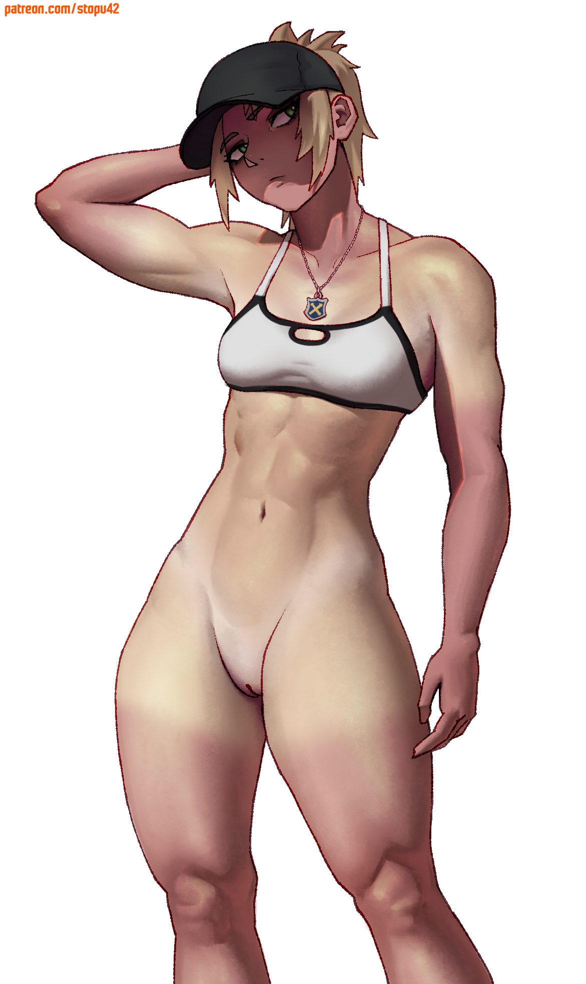 1girls, abs, athletic female, bandeau, bangs, blonde hair, bottomless, braid, breasts, convenient leg, eyebrows visible through hair, fate (series), fate/apocrypha, feet, female, female only, fit female, green eyes, high resolution, horny female, jacket, jewelry, knee up, light-skinned female, long hair, looking at viewer, medium breasts, messy hair, midriff, mordred (fate), navel, necklace, off shoulder, open clothes, open jacket, open mouth, ponytail, red hair ornament, red jacket, red scrunchie, revealing clothes, scrunchie, sidelocks, simple background, skin fang, small breasts, solo, standing, stopu, tied hair, tomboy, very high resolution, villainess