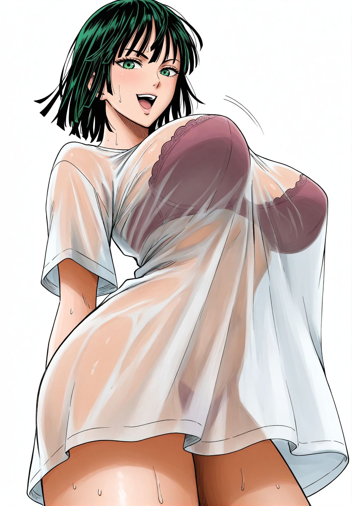 ai generated, big breasts, bra, breasts, female, fubuki (one-punch man), one-punch man, sagging breasts, see-through clothing, t-shirt, t-shirt only, yashin