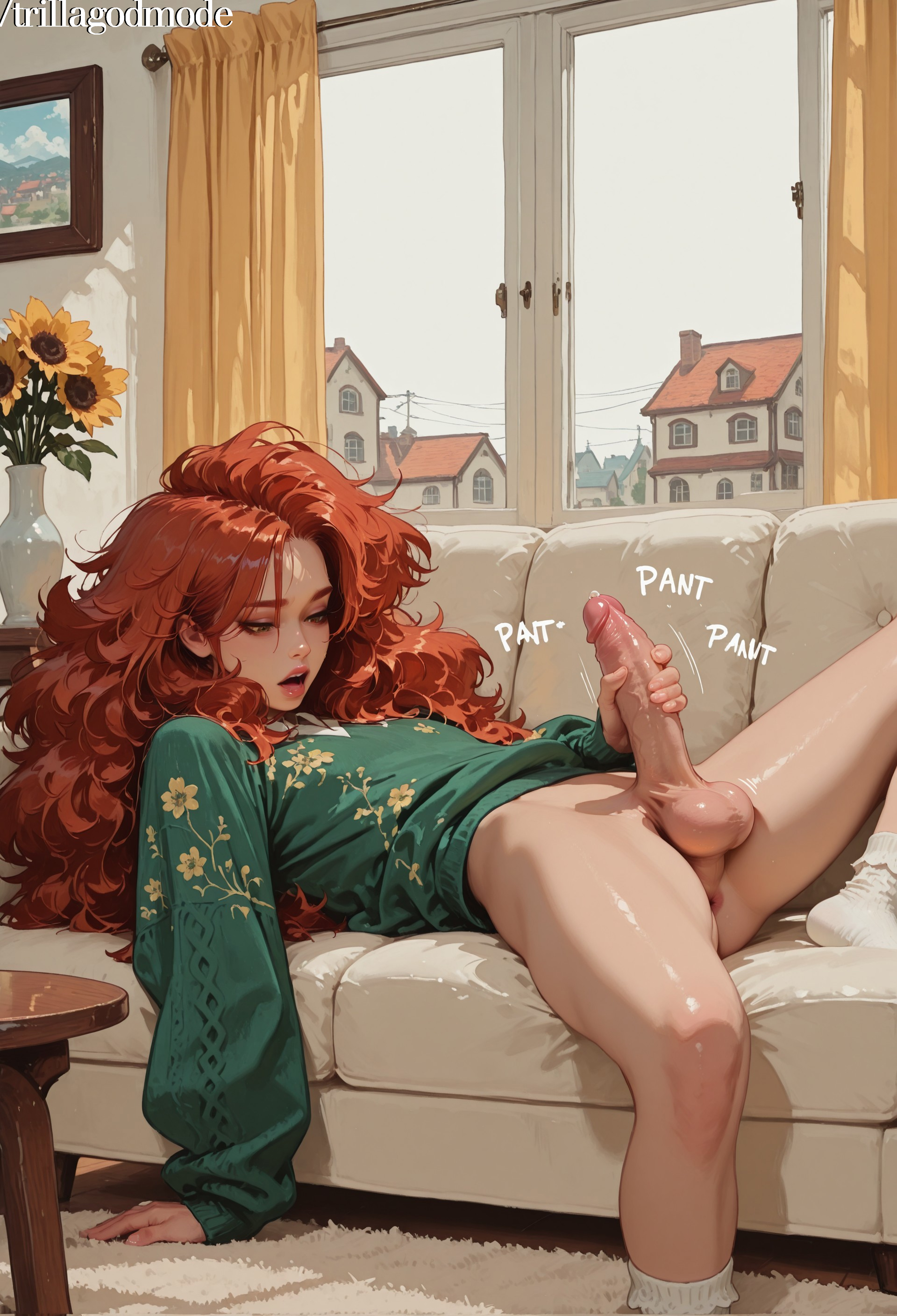 1boy, 1femboy, ai generated, androgynous, anus, arm support, balls, clock, crossdressing, cum, cum on self, cute femboy, ejaculation, erection, femboy, flower, foreskin, lamp, large penis, long hair, male, male focus, male masturbation, masturbation, open mouth, otoko no ko, painting, penis, precum, red hair, solo, sunflower, testicles, tight foreskin, trap, trillagodmodex, uncensored, uncircumcised, yaoi