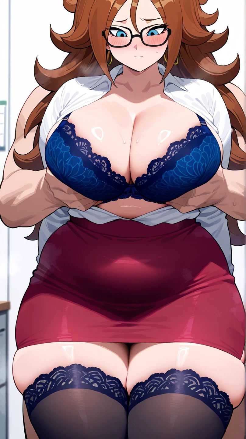 1boy, 1girls, ai generated, android 21, astrawaifu, big breasts, blue eyes, blush, breast grab, breasts, breasts out, brown hair, chubby, chubby female, curvy, curvy female, dragon ball, female, glasses, large breasts, male, mature female, office lady, stockings, thick, thick thighs, thighhighs, thighs