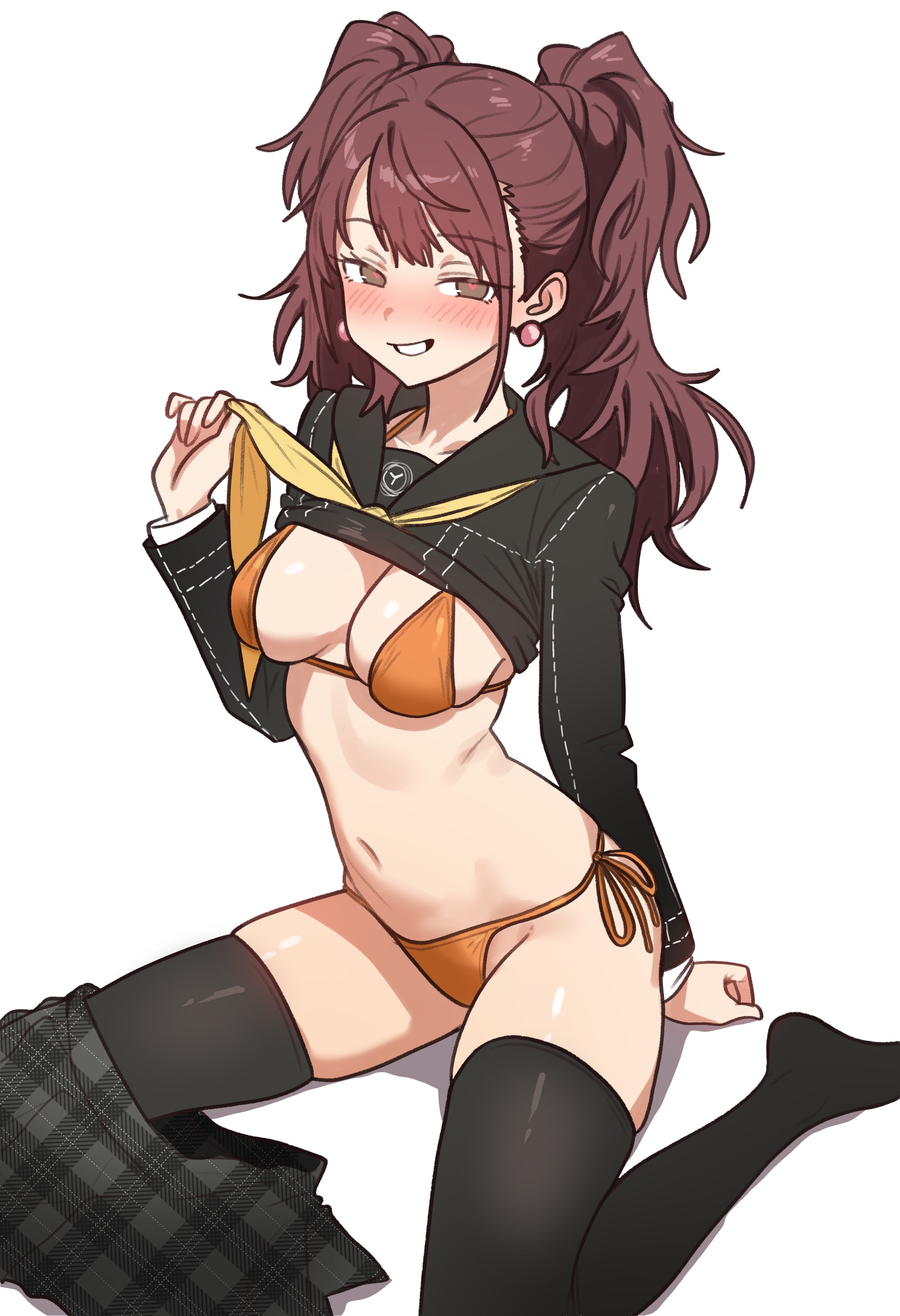 1girls, atlus, bikini top, breasts, brown eyes, brown hair, ebora, female, kujikawa rise, light skin, light-skinned female, long hair, naughty face, persona, persona 4, school uniform, schoolgirl, seductive, seductive pose, twintails, youngmanisdown