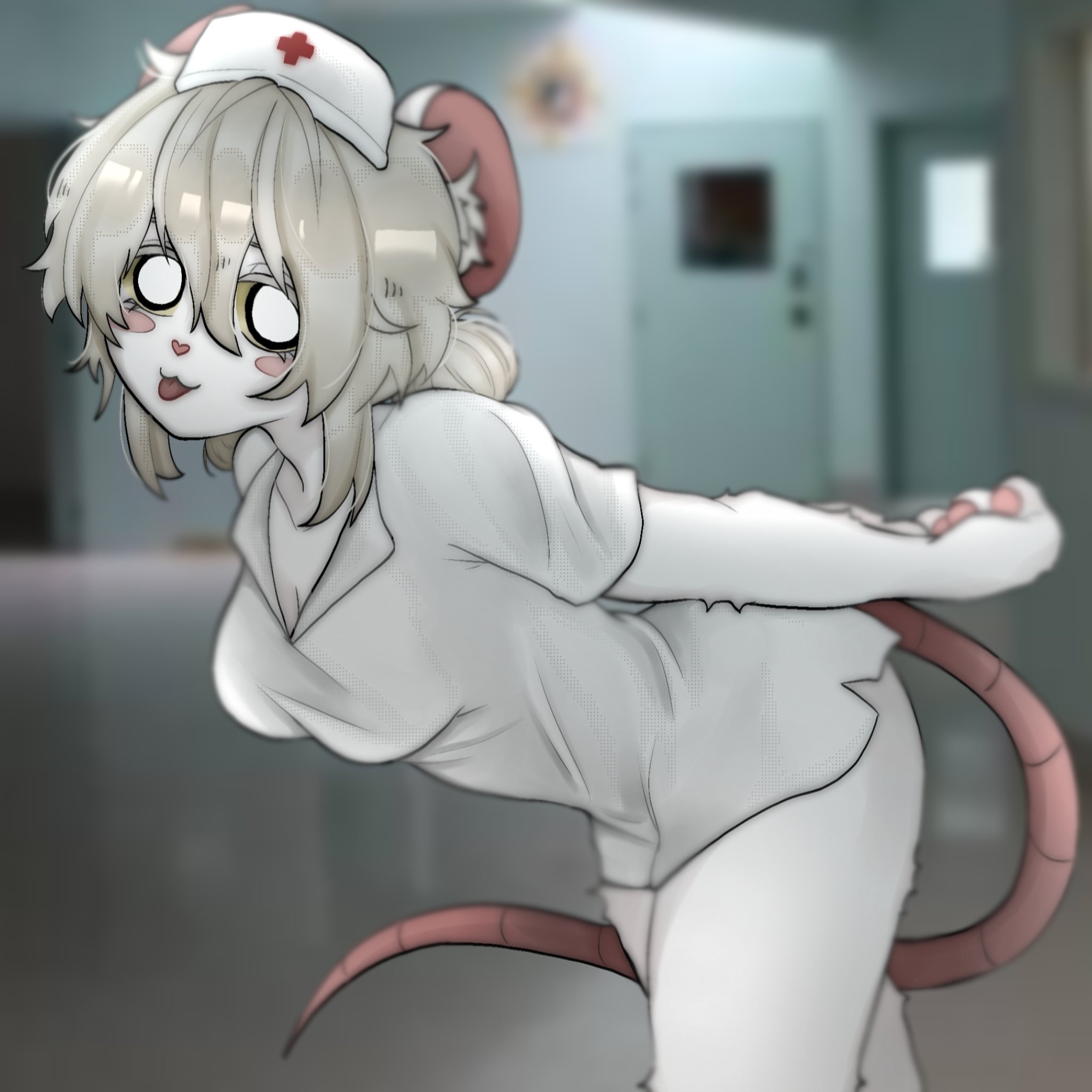 1:1, anthro, aunicornsashes, blush, breasts, claws, clothing, female, fur, furry, hair, hat, headgear, headwear, hi res, lorna (terrible mouse), mammal, mouse, murid, murine, nurse, nurse clothing, nurse headwear, pawpads, paws, pink pawpads, rat, rodent, smile, solo, tail, terrible mouse, tongue, white body, white eyes, white fur, white hair