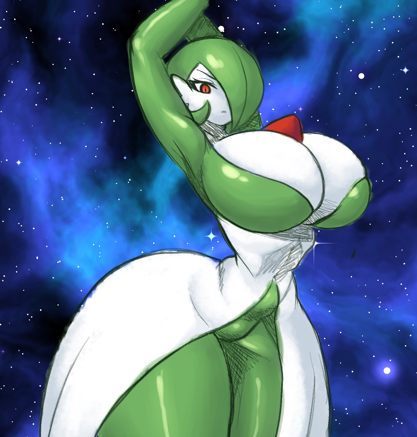 arms up, aspenofsimpcon, ass, big ass, big breasts, breasts, cleavage, dissappointed look, female, gardevoir, pokemon, red eyes, thick thighs