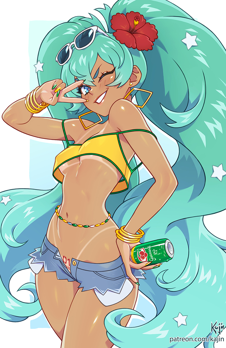 1girl, 2025, aqua eyes, aqua hair, bikini tan, blue eyes, bracelet, brazilian female, brazilian miku, breasts, brown body, brown skin, can, crop top, denim, denim shorts, earrings, eyewear on head, female, flower, flower in hair, grin, hair flower, hair ornament, hand on hip, hatsune miku, hibiscus, holding drink, hoop earrings, jewelry, kajinman, light blue hair, long hair, looking at viewer, medium breasts, midriff, nail polish, navel, one eye closed, open fly, open shorts, patreon, pubic tattoo, red flower, short shorts, shorts, smile, solo, strap slip, sunglasses, sunglasses on head, tan, tan body, tanlines, tattoo, twintails, underboob, v, v over eye, very long hair, vocaloid, white sunglasses, wink