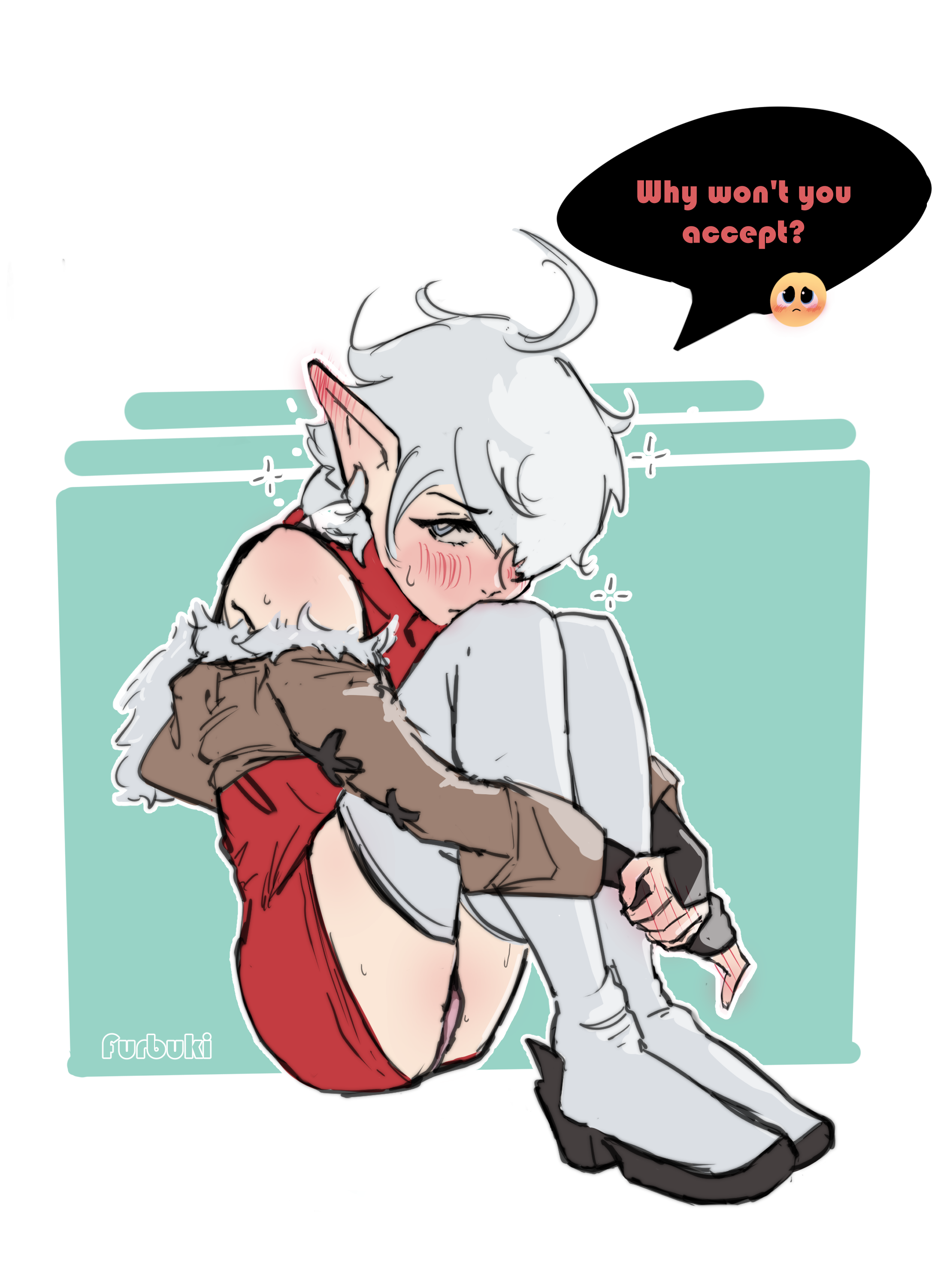 ahoge, alisaie leveilleur, blush, drunk, drunk bubble, elezen, elf ears, english text, female, final fantasy xiv, fully clothed, furbuki, hair over one eye, panties, pout, white hair
