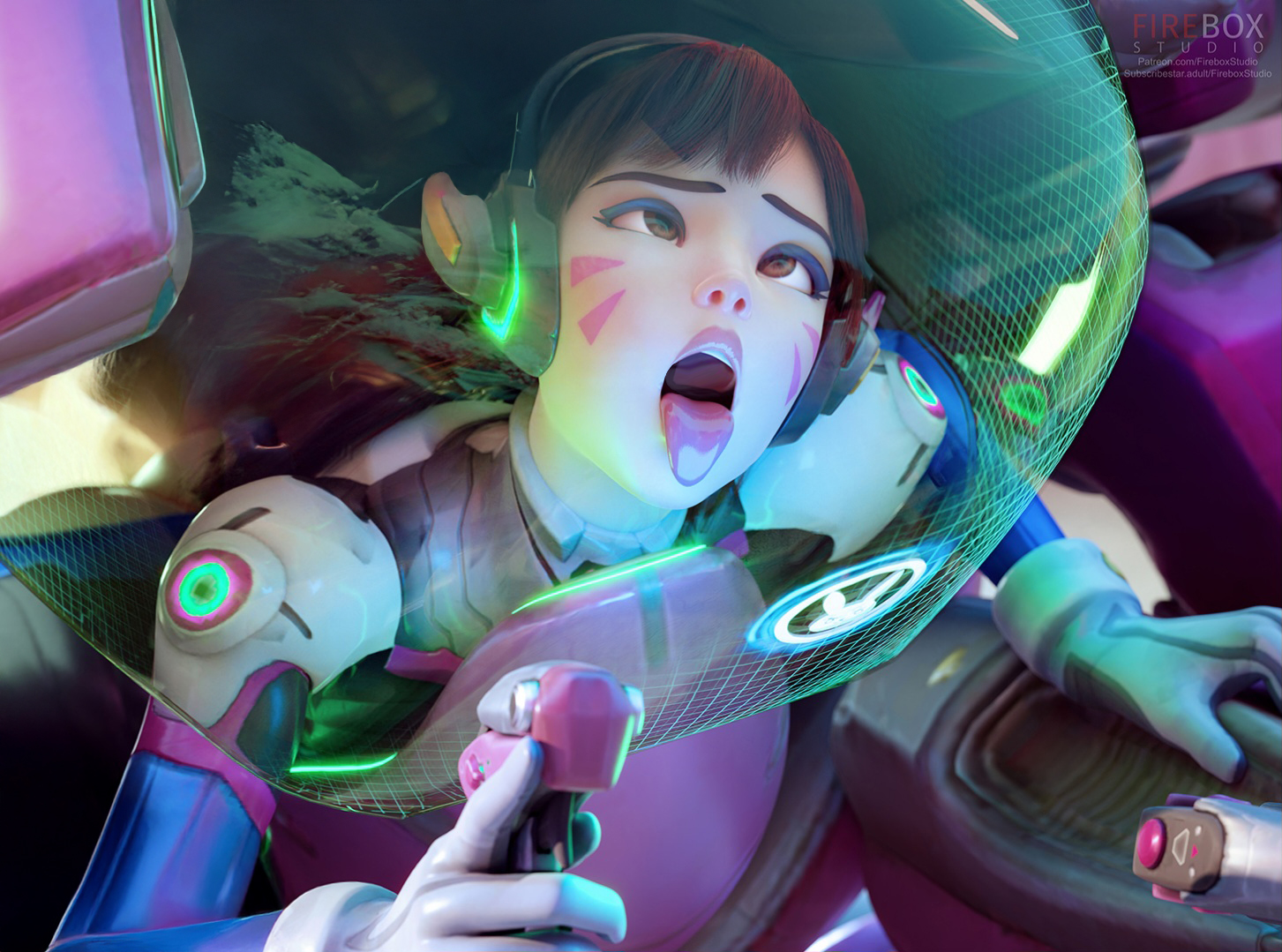 1girls, 2025, 3d, 3d (artwork), ahe gao, ahegao, alternate version available, artist name, asian, asian female, brown eyes, brown hair, clothed, clothing, d.va, facial markings, female, female focus, female only, fireboxstudio, headphones, highres, human, human only, korean, korean female, light skin, light-skinned female, meka, overwatch, overwatch 2, plugsuit, questionable, rolling eyes, solo, solo female, tokki, tokki (overwatch), tongue, tongue out, vehicle