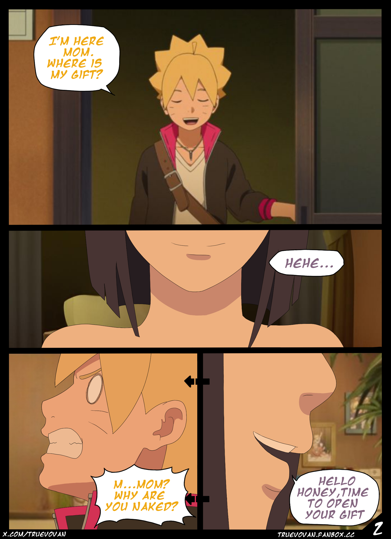 accurate art style, boruto: naruto next generations, comic, comic page, female, hyuuga hinata, incest, indoors, naruto, naruto (series), smile, truevovan, uzumaki boruto, uzumaki hinata
