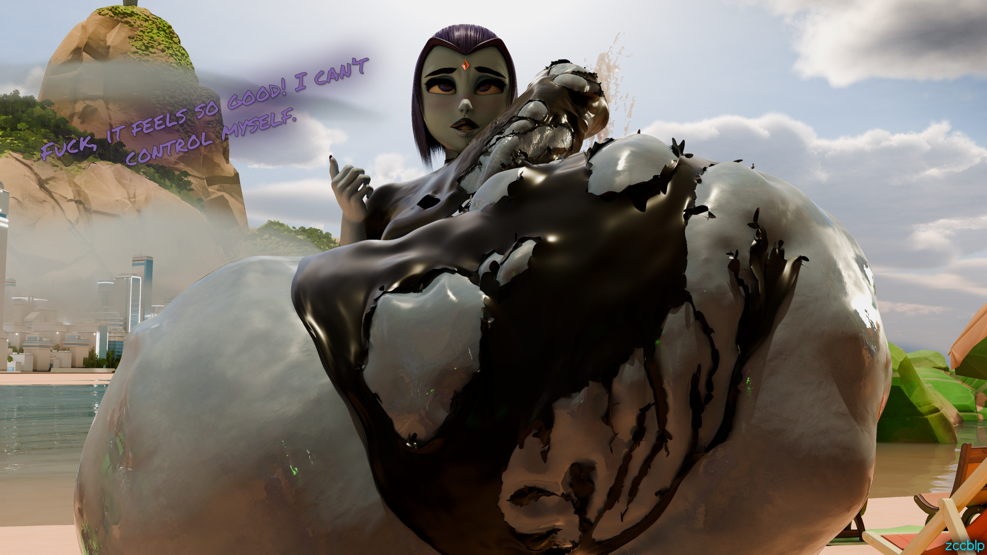 1futa, 3d, balls, balls expansion, balls growth, balls growth (enlargement), beach, big breasts, blender, breasts, cum, dc, dc comics, ejaculation, futa only, futanari, genital expansion, genital growth, genital growth (enlargement), gigantic balls, gigantic penis, gigantic testicles, grey skin, horsecock, huge balls, huge penis, huge testicles, intersex, large breasts, oversized balls, penis, penis expansion, penis growth, penis growth (enlargement), purple eyes, purple hair, raven (dc), short hair, solo, starfire, teen titans, testicles, text, tight clothing, torn clothes, veiny balls, veiny penis, veiny testicles, zccblp