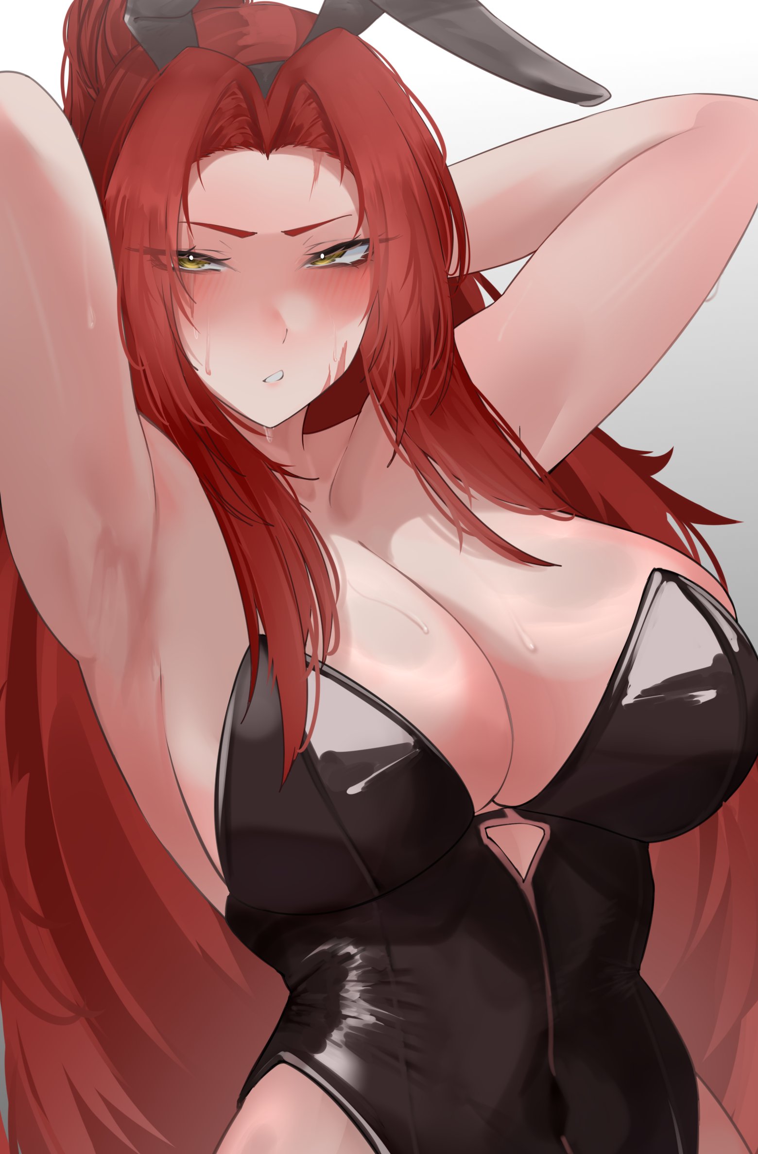 0ha, 1girls, armpits, arms up, big breasts, blush, breasts, brown eyes, bunny ears, bunnysuit, cleavage, female, gebura (lobotomy corporation), lobotomy corporation, long hair, looking at viewer, partially clothed, presenting, project moon, red hair, solo, sweat, white hair