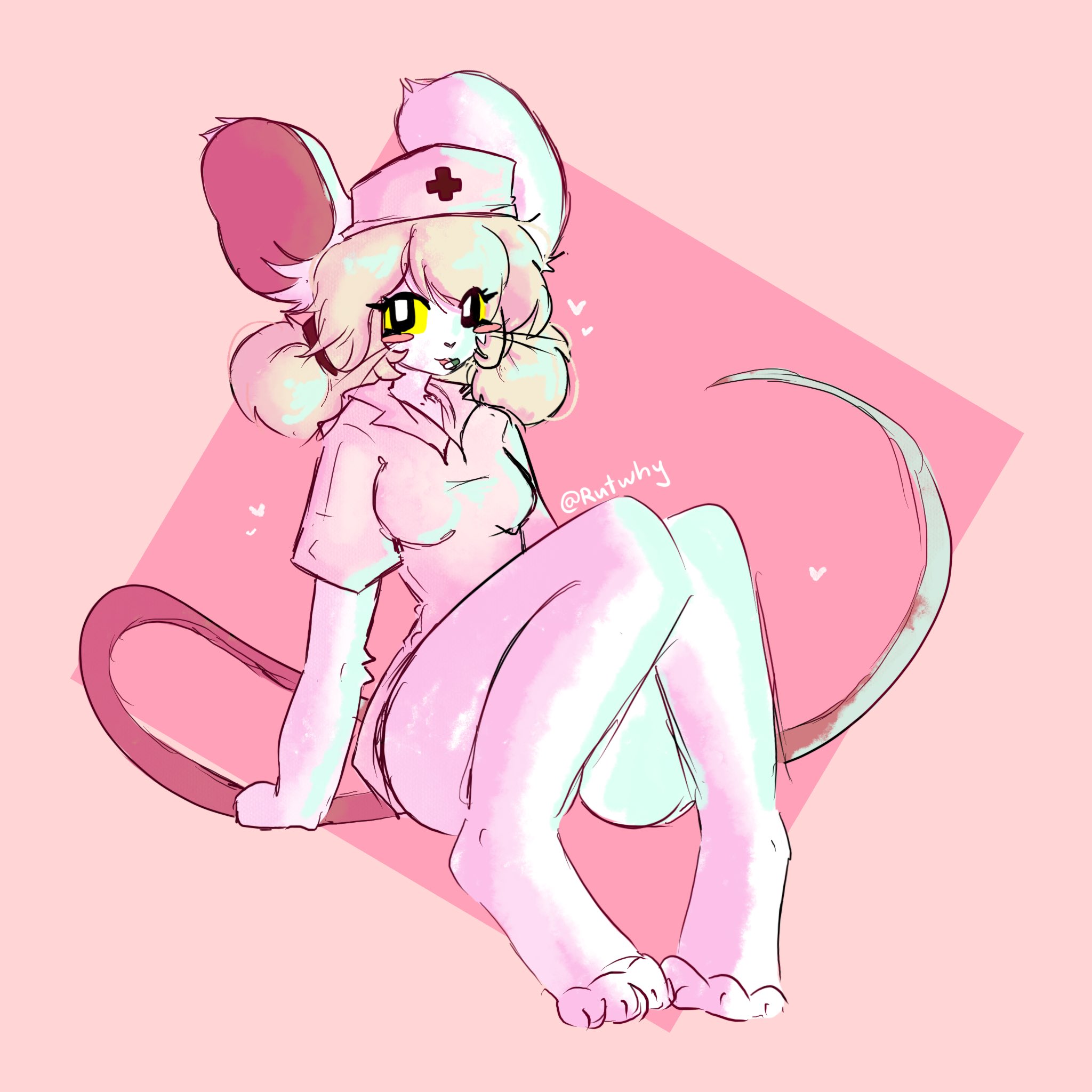 1:1, anthro, black eyes, blonde hair, blush, breasts, claws, clothing, female, fur, furry, hair, hat, headgear, headwear, hi res, lorna (terrible mouse), mammal, mouse, murid, murine, nurse, nurse clothing, nurse headwear, pawpads, paws, pink pawpads, rat, rodent, rutwhy, smile, solo, tail, terrible mouse, white body, white fur, yellow eyes