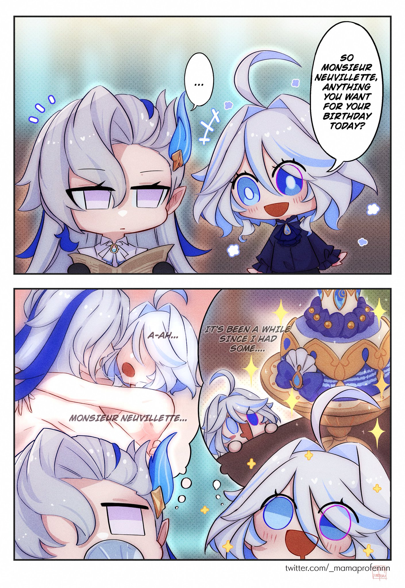 1boy, 1boy1girl, 1girl, 1girls, after kiss, ahoge, blue eyes, blue hair, blush, blush lines, cake, chibi, comic, duo, english text, fantasizing, female, french accent, furina (genshin impact), genshin impact, heterochromia, highres, horny male, hugging, hungry, imagination, imagining, implied sex, light blue hair, long-haired male, male, mamaprofennn, misunderstanding, multicolored hair, neuvillette (genshin impact), purple eyes, saliva string, saliva trail, short-haired female, silver hair, speech bubble, streaked hair, thinking, thinking about food, thinking about sex, thinking cloud, two-tone hair, white hair, wholesome nudity