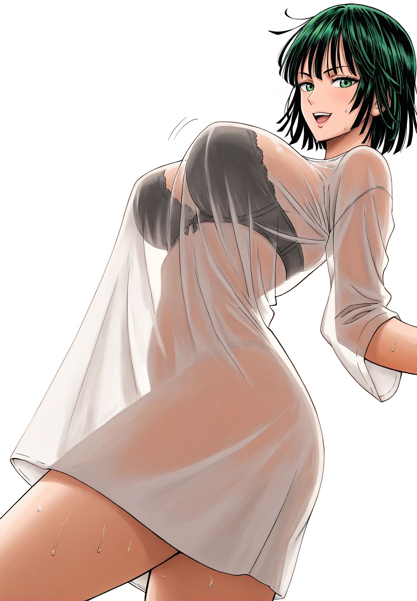 ai generated, big breasts, bra, breasts, female, fubuki (one-punch man), one-punch man, sagging breasts, see-through clothing, t-shirt, t-shirt only, yashin