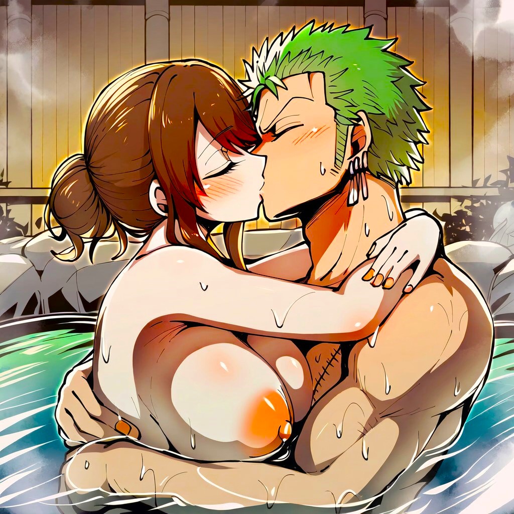 1boy1girl ai_generated anime anime_boy anime_girl attractive babe bangs beautiful biceps brown_hair cana_alberona crossover crossover_shipping dreson earrings fairy_tail fantasy female green_hair hair_bun hands_around_neck handsome hot hug kissing large_ass male muscles muscular nai_diffusion nail_polish naked_male night nipples nude nude_female one_piece onsen partially_submerged passionate_sex pirate plant rocks roronoa_zoro scar sexy shonen_jump straw_hat_pirates swordsman upper_body voluptuous_female wet witch wood wooden_fence zoro_kiss_cana