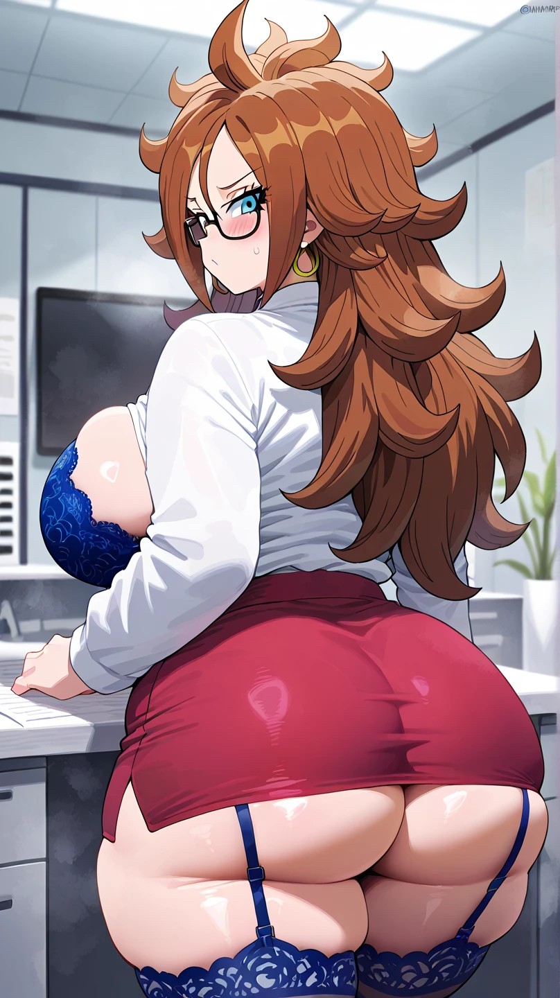1girls, ai generated, android 21, ass, ass focus, astrawaifu, big ass, big breasts, blue eyes, breasts, brown hair, chubby, chubby female, curvy, curvy female, dragon ball, female, female only, glasses, huge ass, huge breasts, large breasts, light-skinned female, office lady, presenting, solo, stockings, thick, thick ass, thick thighs, thighhighs