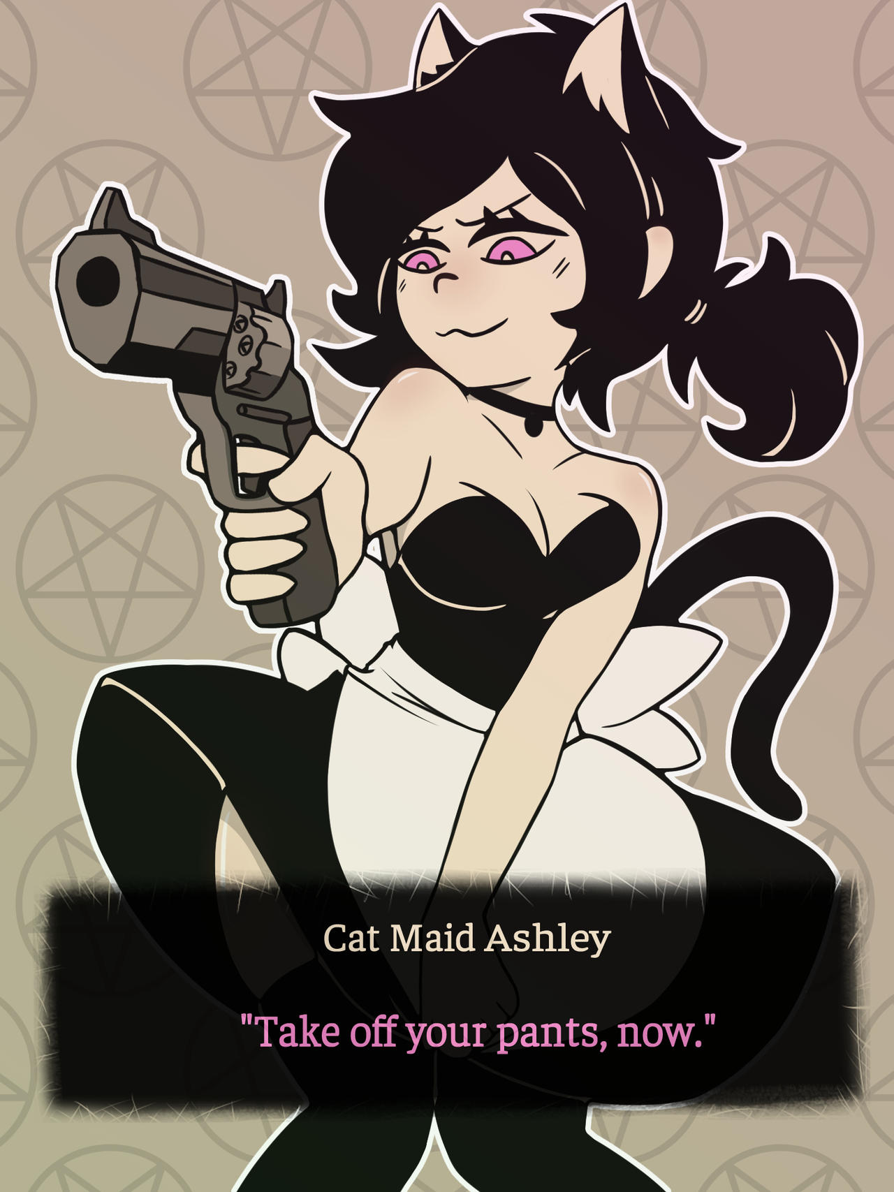 1girls, ashley graves, before anal, before oral, before sex, black choker, black hair, breasts, bullet, cat ears, cat tail, choker, dialogue, female, goth, goth girl, gothic, gun, hair, hand on gun, imminent death, imminent penetration, imminent rape, imminent sex, maid, murderer, neckline, pistol, pointing, purple eyes, revolver, staff, the coffin of andy and leyley, tsundere, yandere