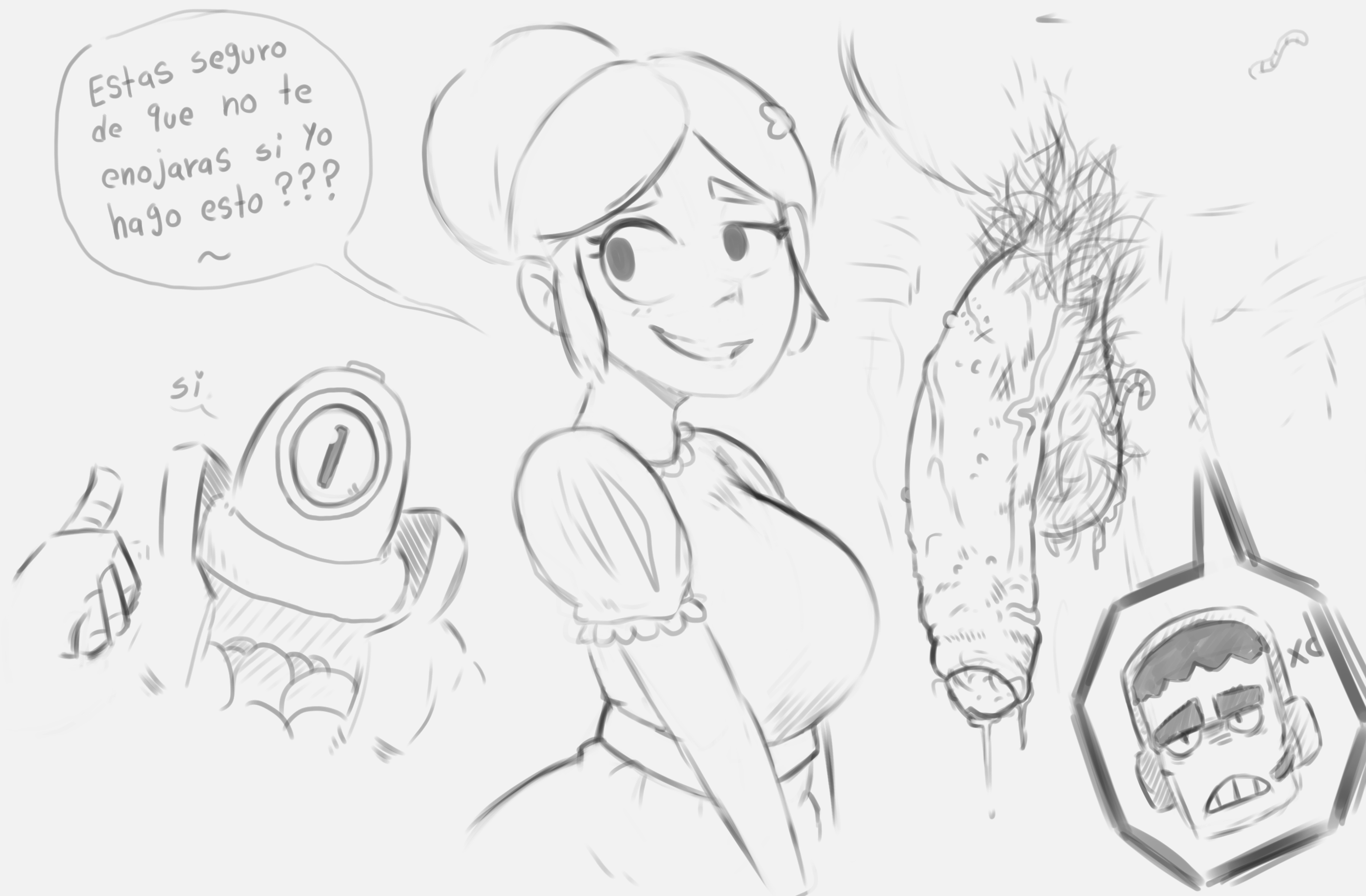 balls, big balls, big breasts, big penis, brawl stars, breasts, cuck, dirty penis, disembodied penis, female, foreskin, frank (brawl stars), huge cock, jemphep, male, penis, piper (brawl stars), pubic hair, pubic hair in foreskin, rico (brawl stars), sketch, spanish text, text, uncensored, uncircumcised