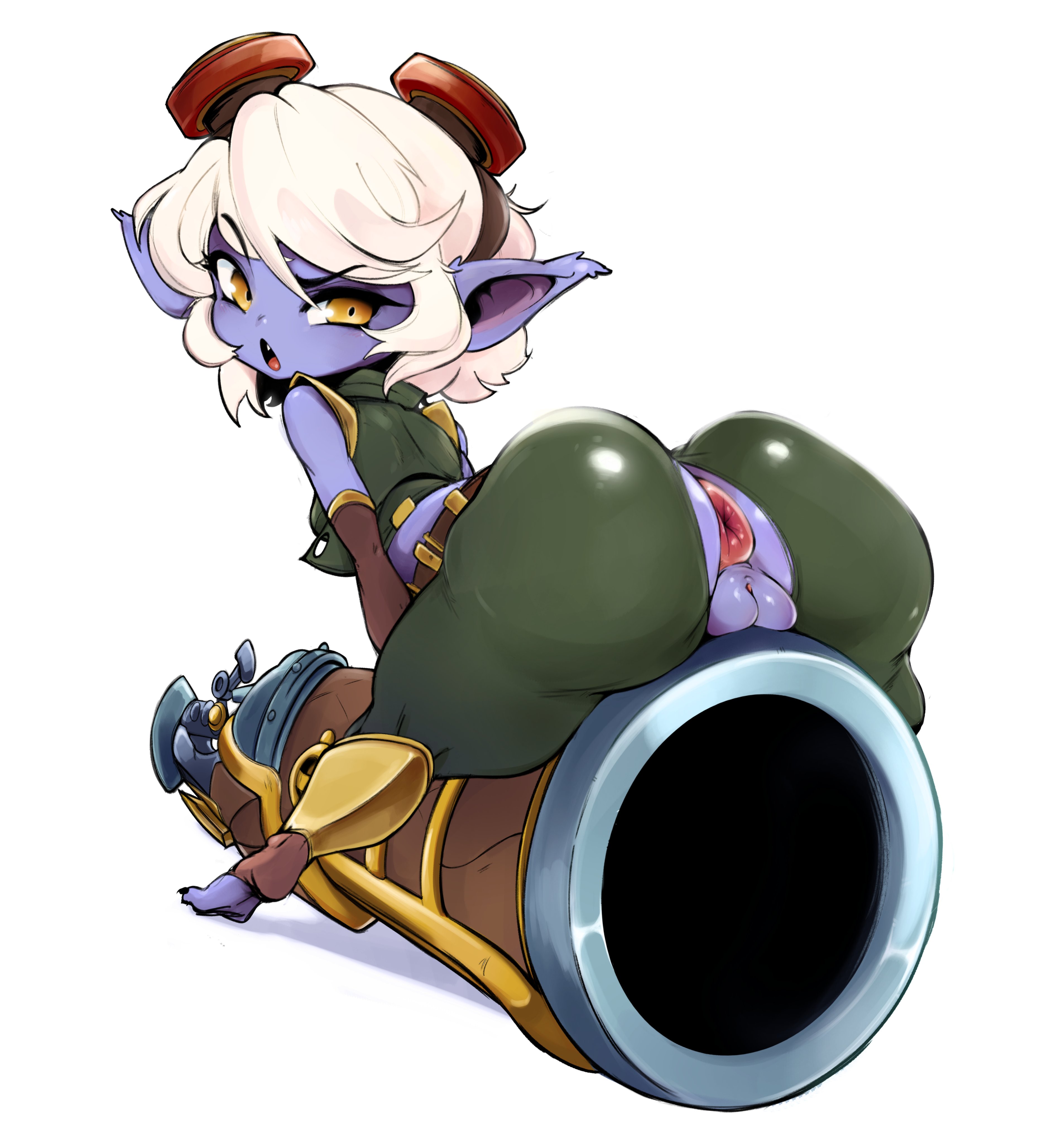 1girls, angry, anus, ass, big ass, big butt, bubble ass, bubble butt, cannon, female, female focus, league of legends, looking at viewer, purple body, purple skin, pussy, riot games, ripped clothing, ripped pants, solo female, solo focus, tristana, twenty 2, white hair, yordle