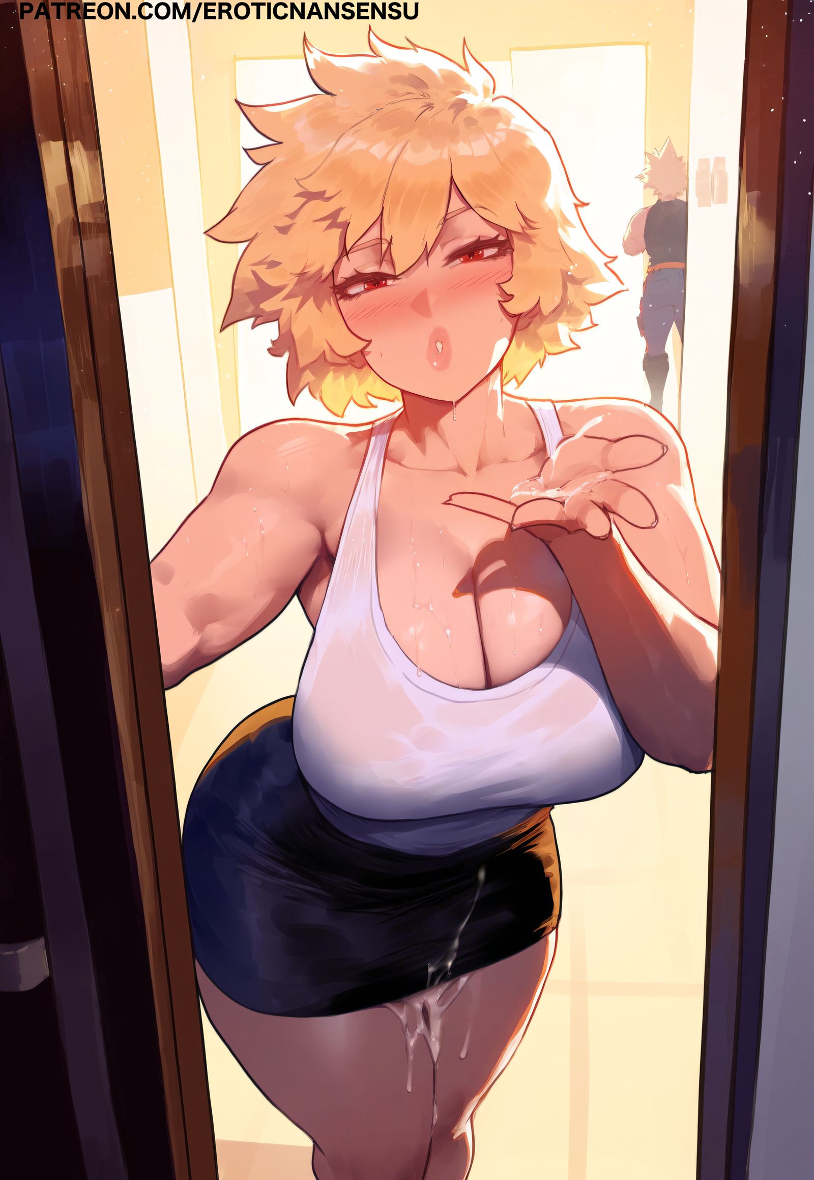 1girls, 2d, 2d (artwork), after sex, after vaginal, ai assisted, ai generated, apartment, artist name, ass, background character, bakugou mitsuki, blonde hair, blowing kiss, blush, breasts, clothed female, color, cum, cum drip, cum dripping, cum dripping down thighs, cum dripping from pussy, cum dripping out of pussy, cum in pussy, cum inside, cum leak, cum leaking, cum leaking down leg, cum leaking out of pussy, cum on ass, cum on legs, cum on lower body, cum on skirt, cum on thighs, erotic nansensu, female, large breasts, looking at viewer, mitsuki bakugou, mother and son, my hero academia, no sex, older female, patreon, patreon username, pencil skirt, pov, pussy, red eyes, see-through shirt, sweat, sweaty body, sweaty breasts, sweaty shirt, unaware, voluptuous, voluptuous female, white shirt